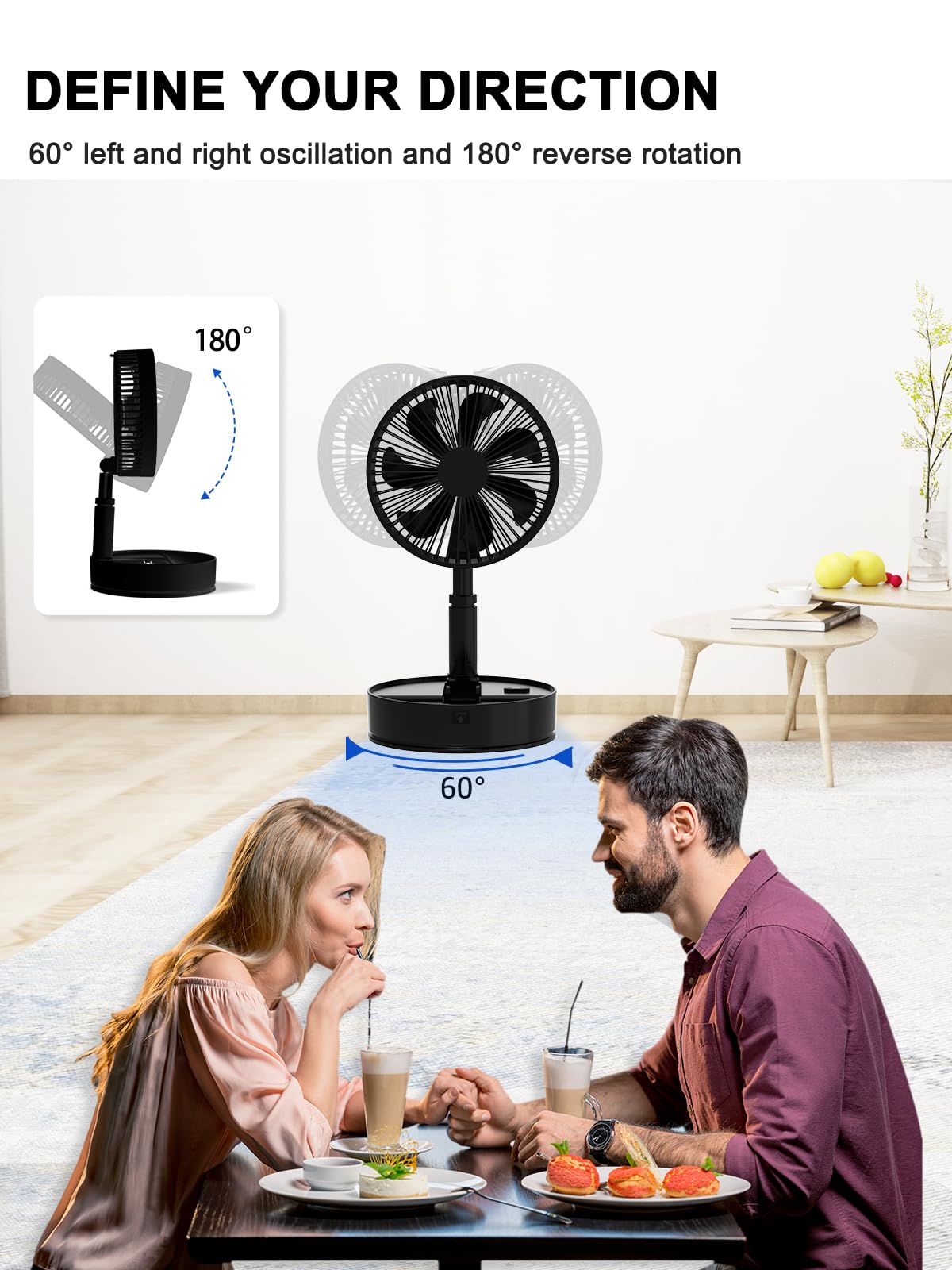 UN UNITEDTIME Foldable Fan with Remote Control - 7200mAh Rechargeable Battery, 4 Speed Settings & Timer - Portable Pedestal Fan for Camping, Travel, Outdoor, Home Use - Perfect for Bedroom, Office, and Patio (Black)