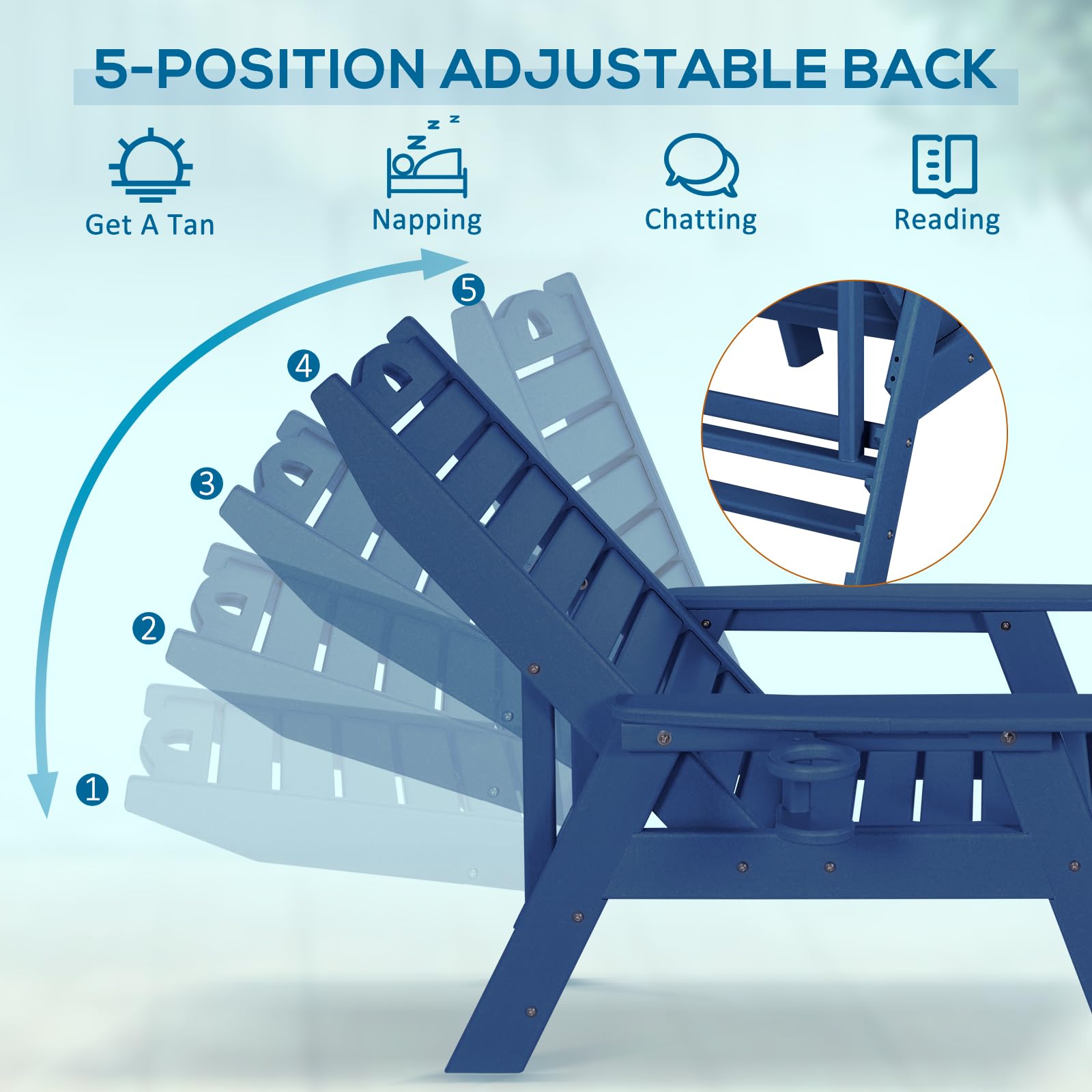 5-Position Adjustable HDPE Chaise Lounge Chair for Outdoor, Patio, Poolside & Beach - Supports 400 LBS - Navy Blue - Perfect for Sunbathing, Relaxing by the Pool or Backyard Lounging