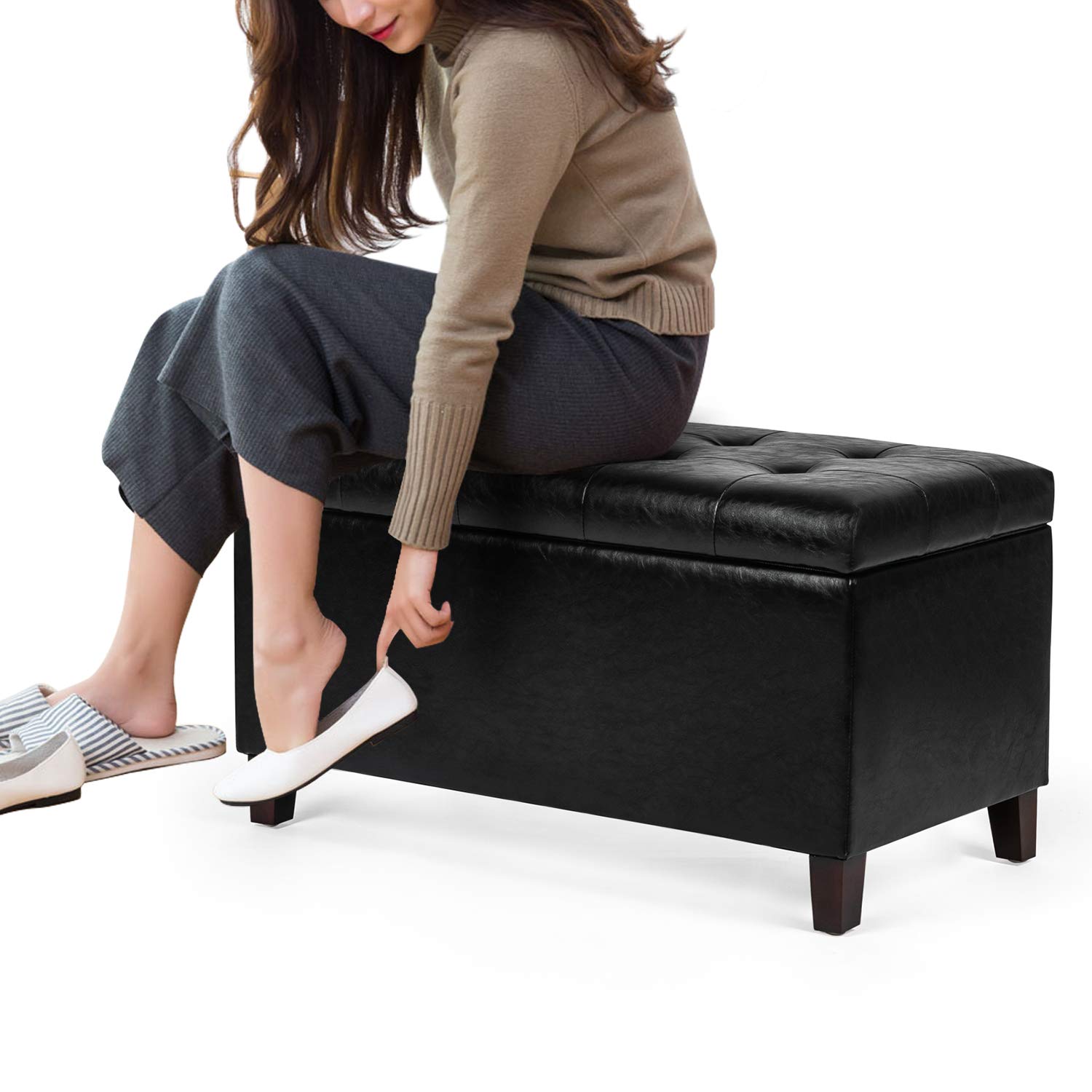 Adeco Faux Leather Storage Ottoman Bench with Wood Legs - Tufted Rectangular Footrest Stool for Living Room, Bedroom, Entryway | Multi-Functional Coffee Table & Seating Solution (Black) - Perfect for Small Space Organization & Extra Seating