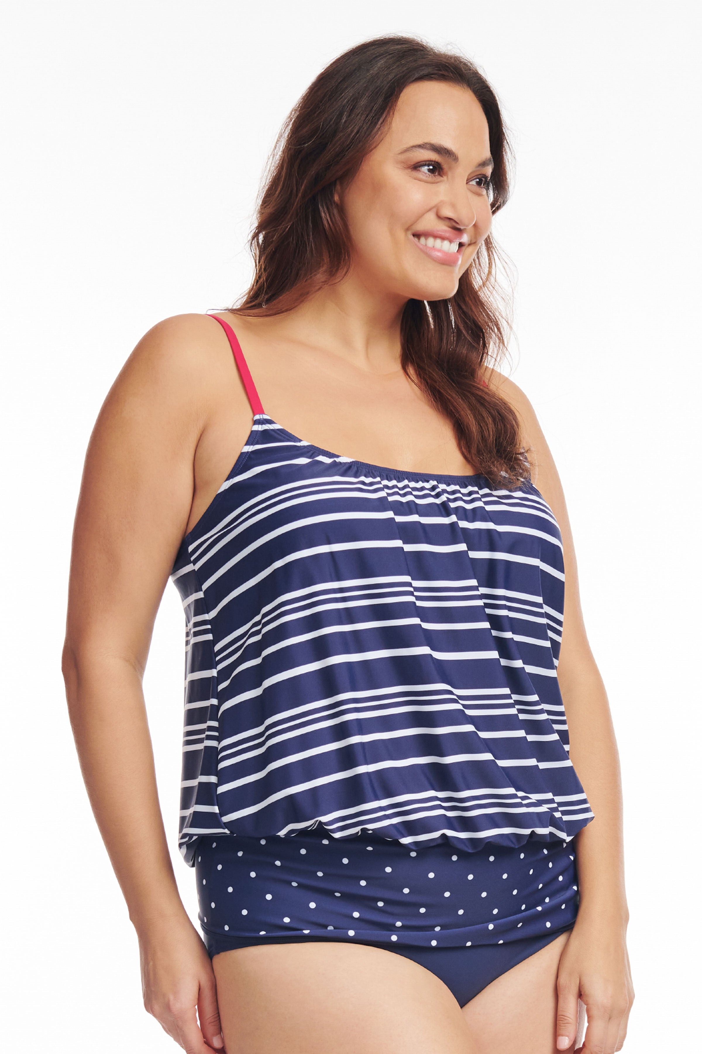 Plus Size Wide Band Blouson Tankini Top - Electric Striped Swimwear for Women | Beach Vacation, Pool Party & Summer Swimwear