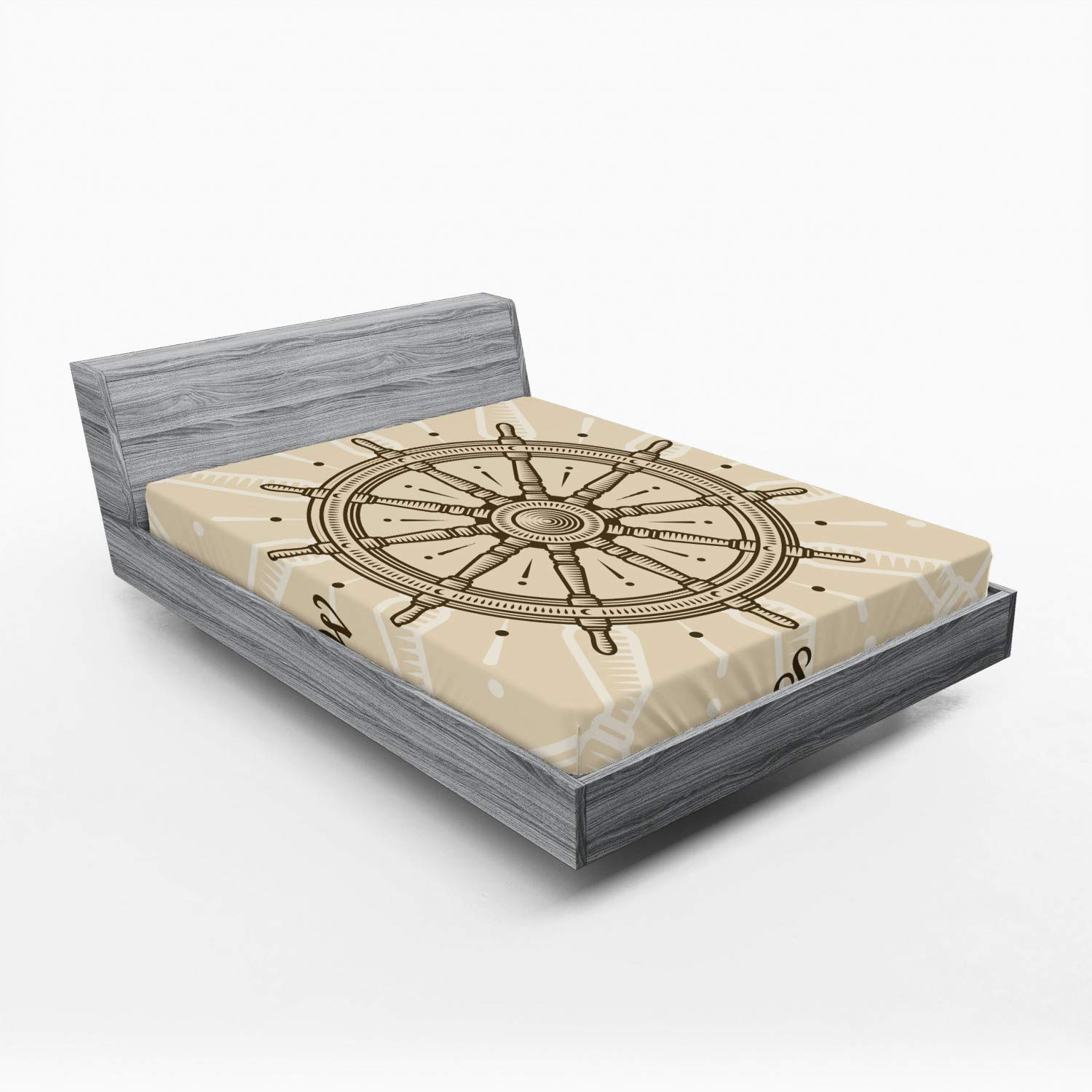 Ambesonne Vintage Ships Wheel Fitted Sheet - Full Size Beige Brown Bed Sheet with Deep Pocket Elastic - Retro Nautical Sailboat Navigation Theme - Perfect for Coastal Bedroom Decor & Maritime Themed Guest Rooms