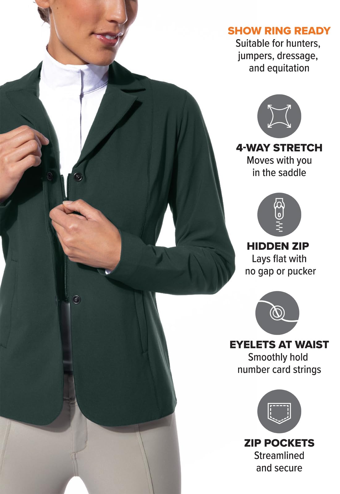 Kerrits Women's Equestrian Stretch Competitor Coat – Lightweight English Horse Show Jacket with 3-Snap Closure, Machine Washable for Easy Care | Perfect for Dressage, Show Jumping & Equestrian Competitions