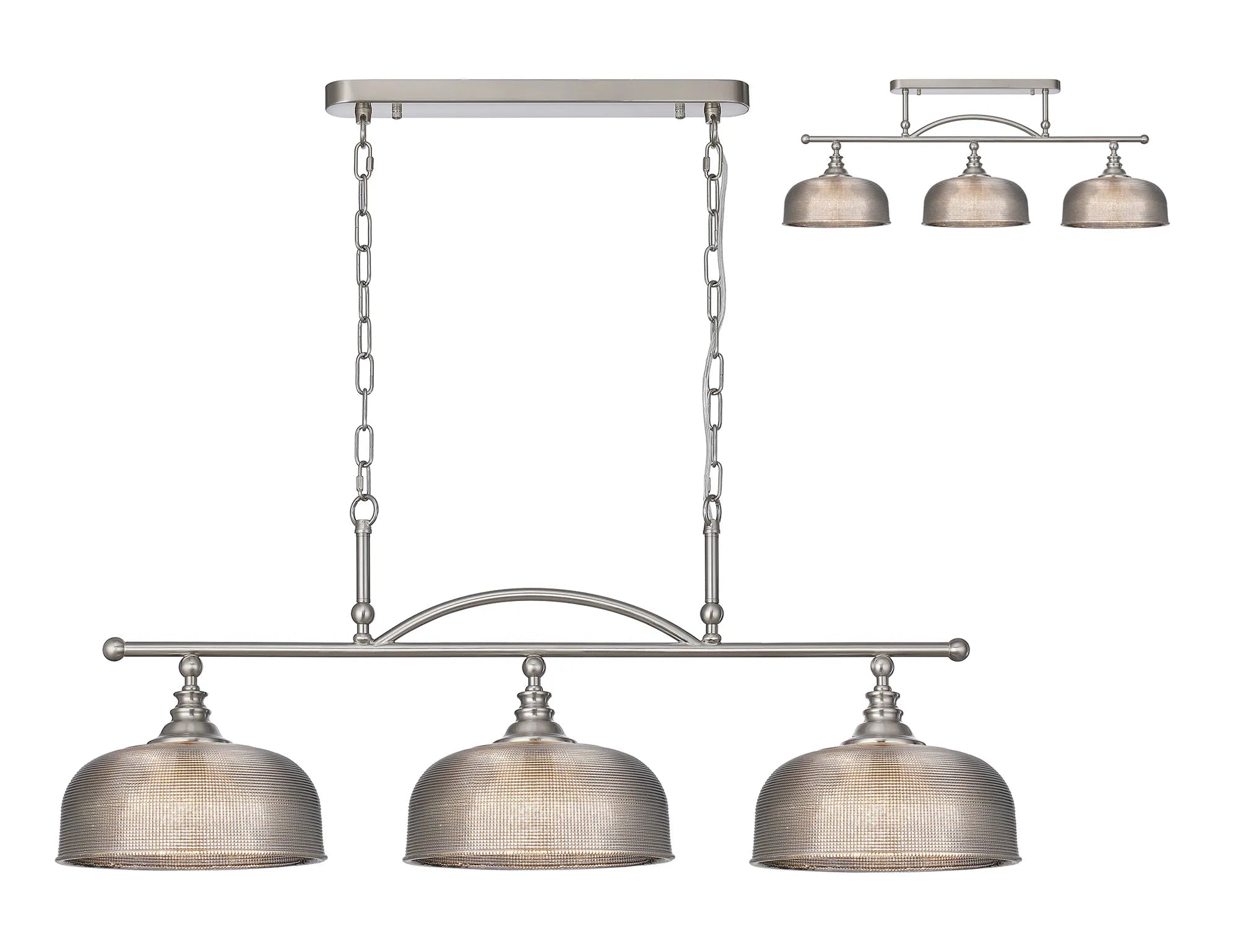 Cleron Semi Flush Mount Ceiling Light - Adjustable 2/3 Light Kitchen Lighting Fixture with E27 Socket in Satin Nickel, Polished Nickel & Antique Brass Finish - Prismatic Glass Shade for Dining Room, Bedroom or Hallway Lighting