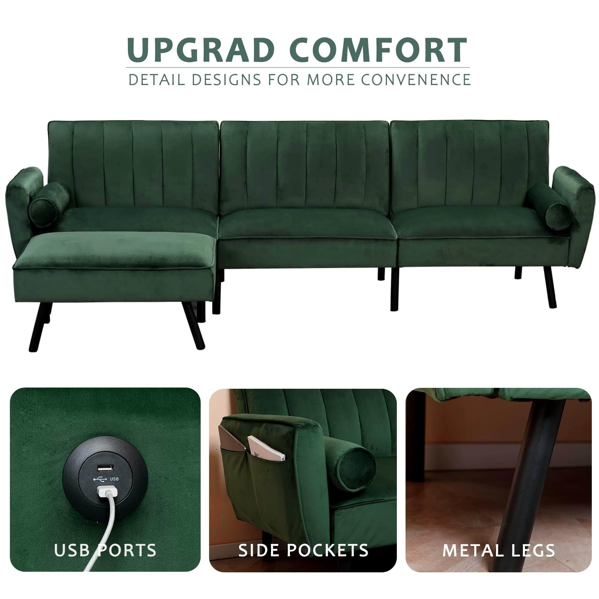 DURASPACE Velvet Convertible Sectional Sofa with Chaise & USB Ports, 106.5