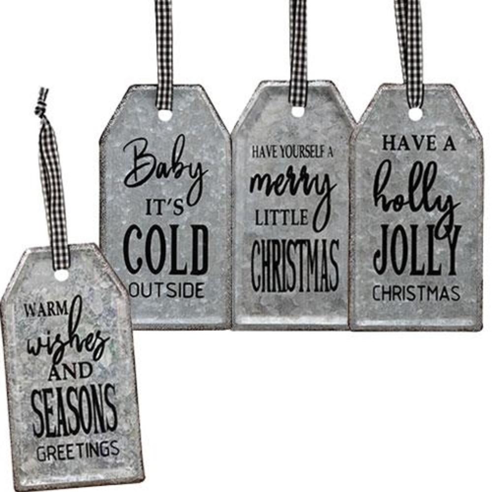 Galvanized Metal Christmas Ornament Set - 4 Assorted Holiday Sayings Tags for Tree Decor, Gift Toppers & Festive Home Decor
