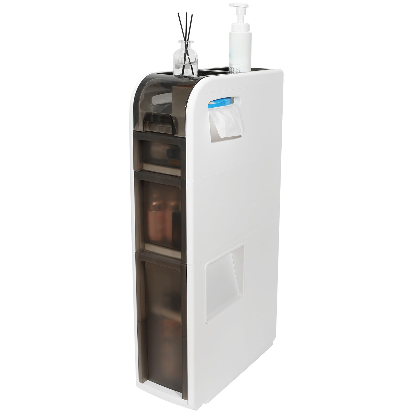 Slim Waterproof Narrow Bathroom Storage Cabinet with Drawers & Toilet Paper Holder - Compact 3-Tier Organizer for Small Spaces - Perfect for Bathroom, Toilet, and Vanity Organization