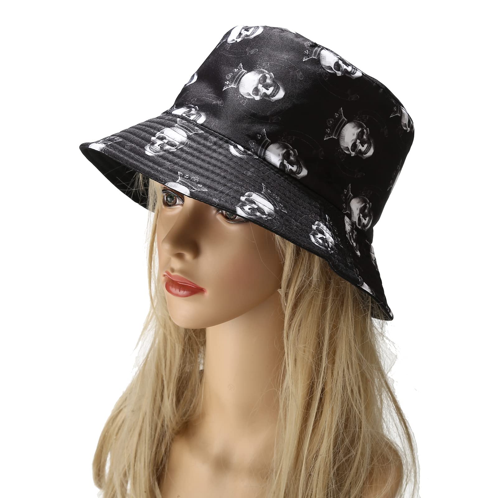 Skull Print Bucket Hat - Funny Halloween & Fishing Cap - Reversible Packable Sun Hat for Women & Men - Perfect for Halloween Costumes, Beach Trips & Outdoor Activities
