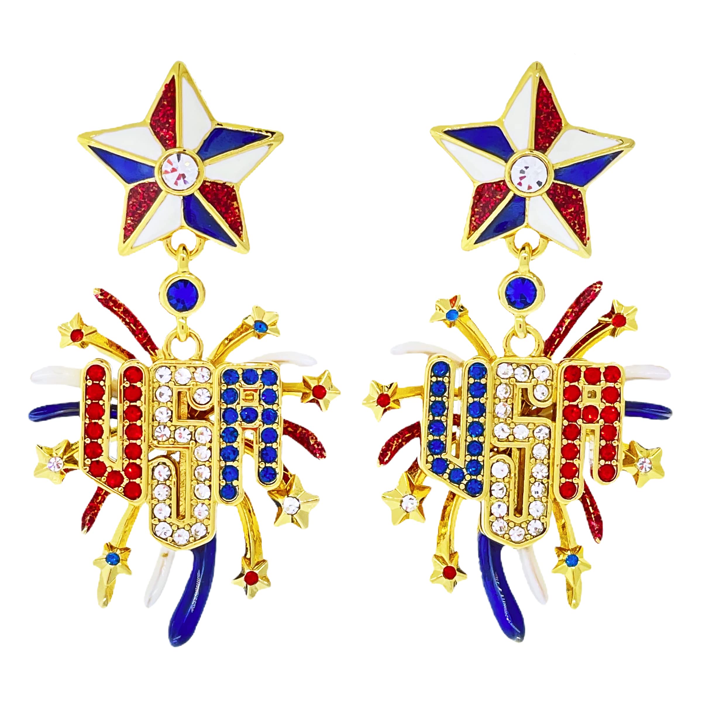 Stylish Patriotic Women's Earrings - 4th of July Independence Day Dangle Earrings with USA Flag Star & Fireworks Design - 18k Gold Plated Luxury Jewelry - Perfect for Parties, Celebrations & National Holidays