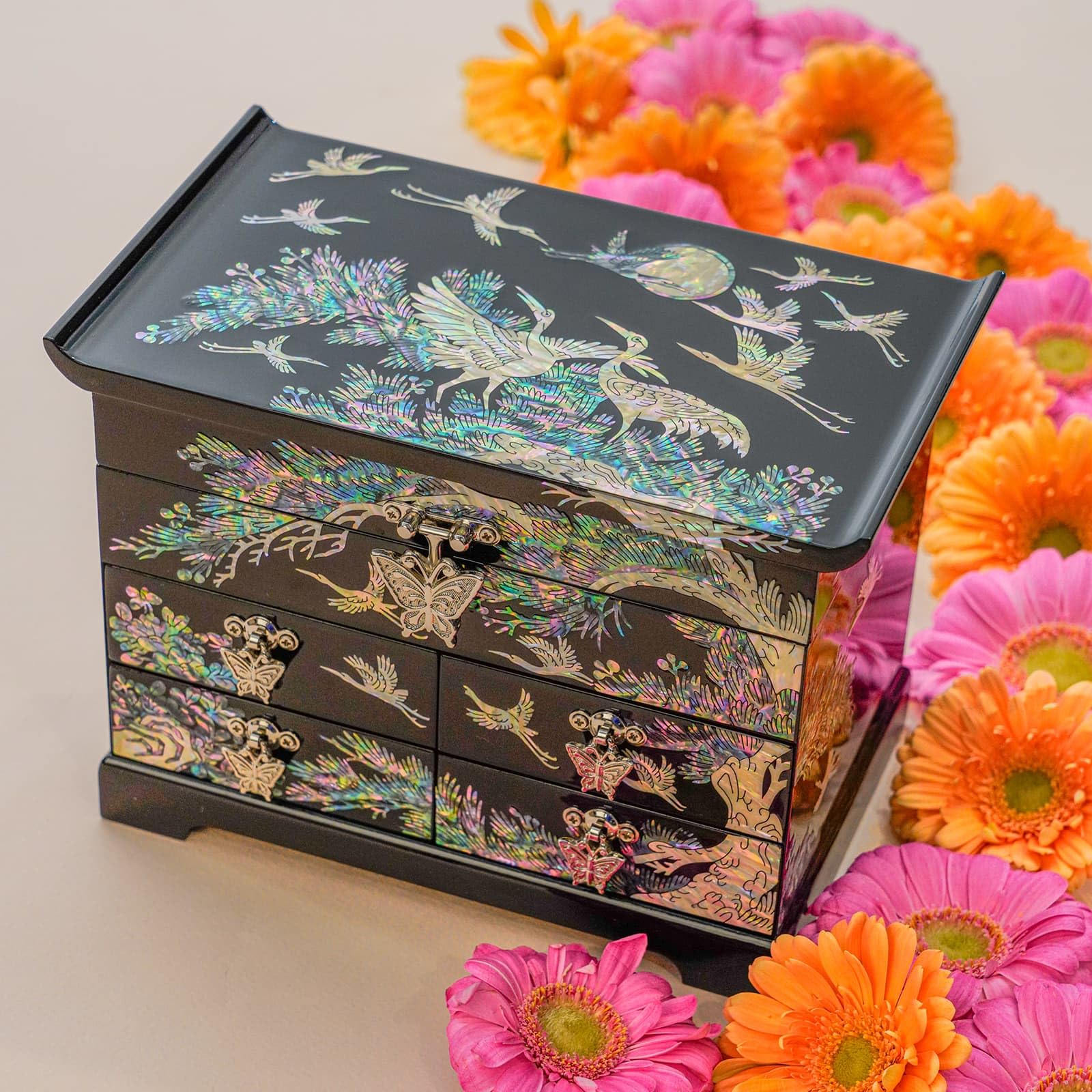 February Mountain Mother of Pearl Wooden Jewelry Organizer Box - Elegant Jewelry Storage with Spacious Drawers for Women | Perfect for Organizing Rings, Bracelets, Watches, Necklaces & Accessories | Great for Bedroom Vanity, Dresser Top or Travel Jewelry Case (Crane_Black)