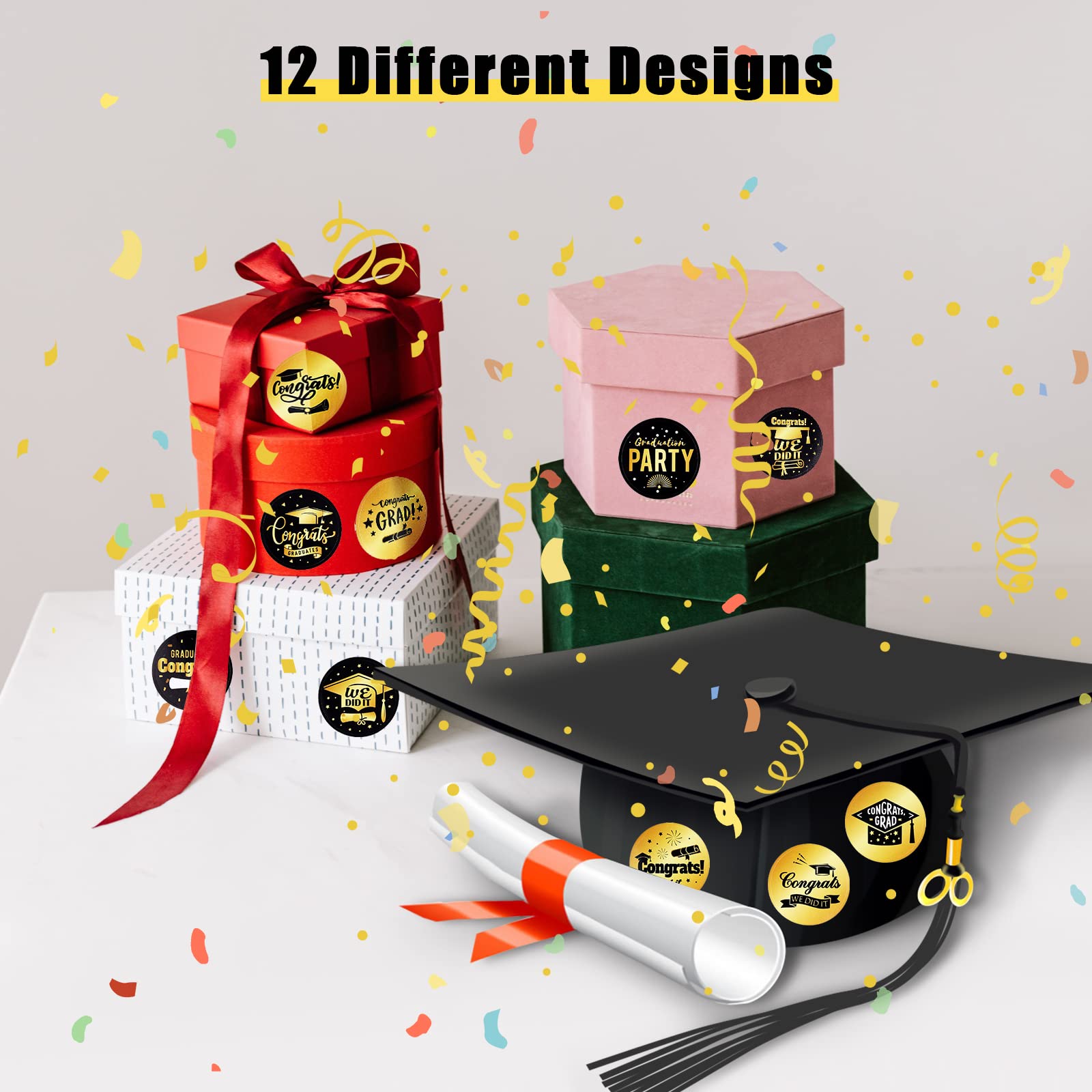 120pcs 1.5 Inch Graduation Round Stickers - 12 Black & Gold Design Patterns for Graduation Gifts, Envelopes, Bags & Party Decorations - Perfect for Graduation Celebrations, Class of 2023 Decor & Diploma Seals