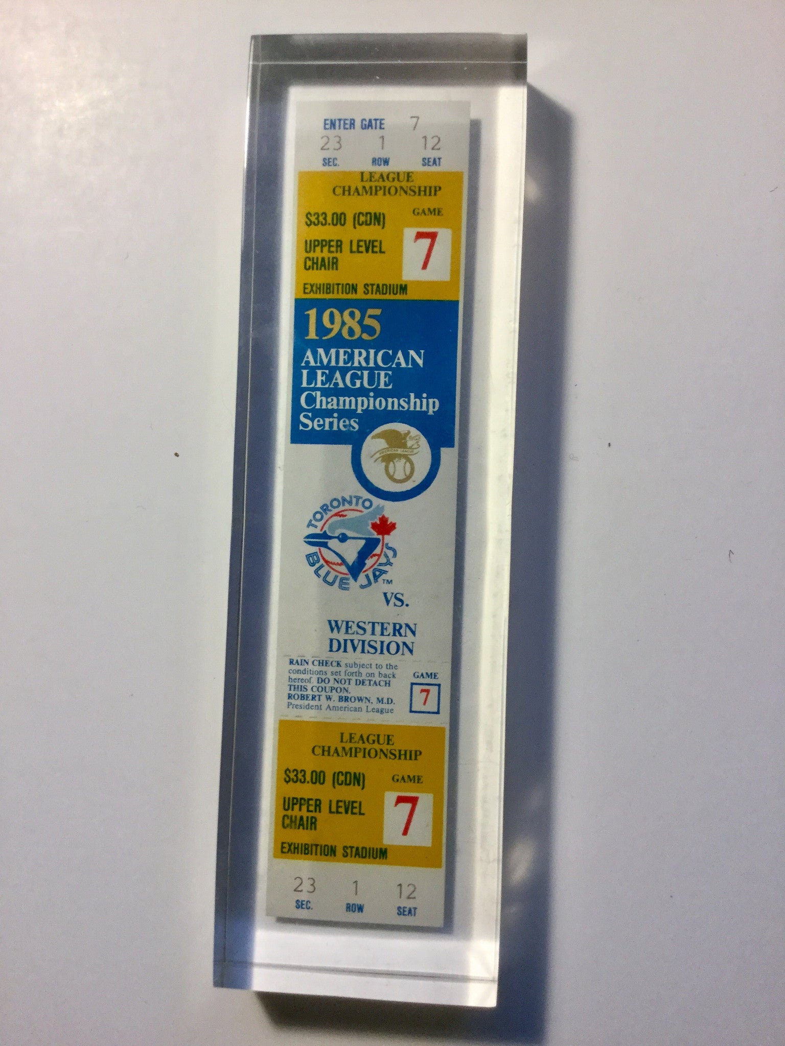 1985 Blue Jays Baseball Game 7 Ticket Encased in Lucite - Perfect for Sports Memorabilia Collectors & Toronto Blue Jays Fans