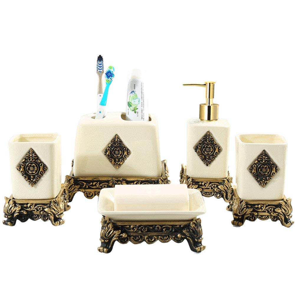 Vintage Ceramic Bathroom Accessories Set - 5 Piece Beige Crackle Mosaic Flower Design Includes Soap Dispenser, 2 Tumblers, Toothbrush Holder & Soap Dish | Elegant Vanity Decor for Home, Hotel & Spa Bathrooms
