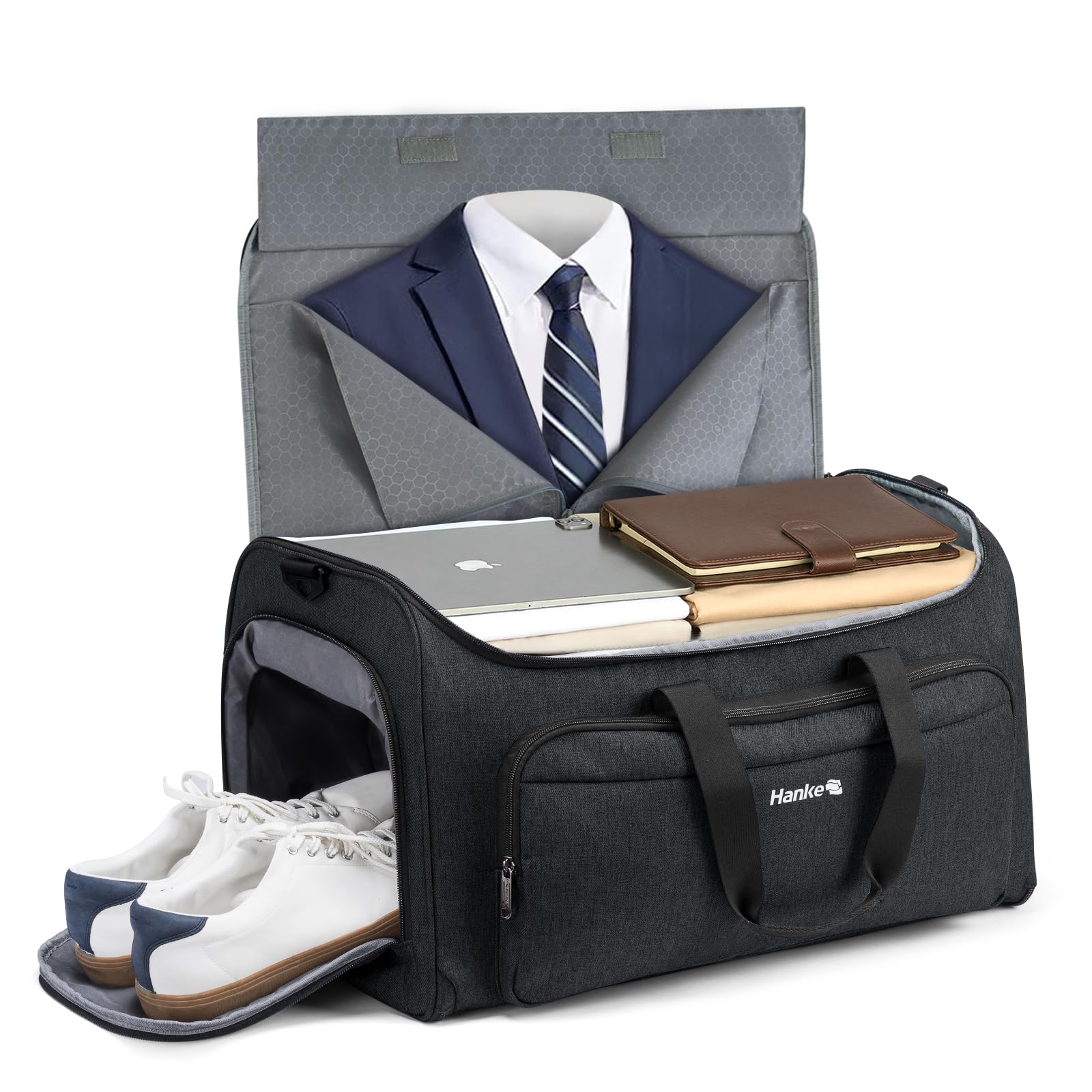 Hanke Convertible 2-in-1 Carry On Garment Bag & Duffle Bag for Travel - Hanging Suitcase with Shoe Compartment - Weekender Luggage for Men & Women (Black) | Perfect for Business Trips, Weekend Getaways & Airplane Travel