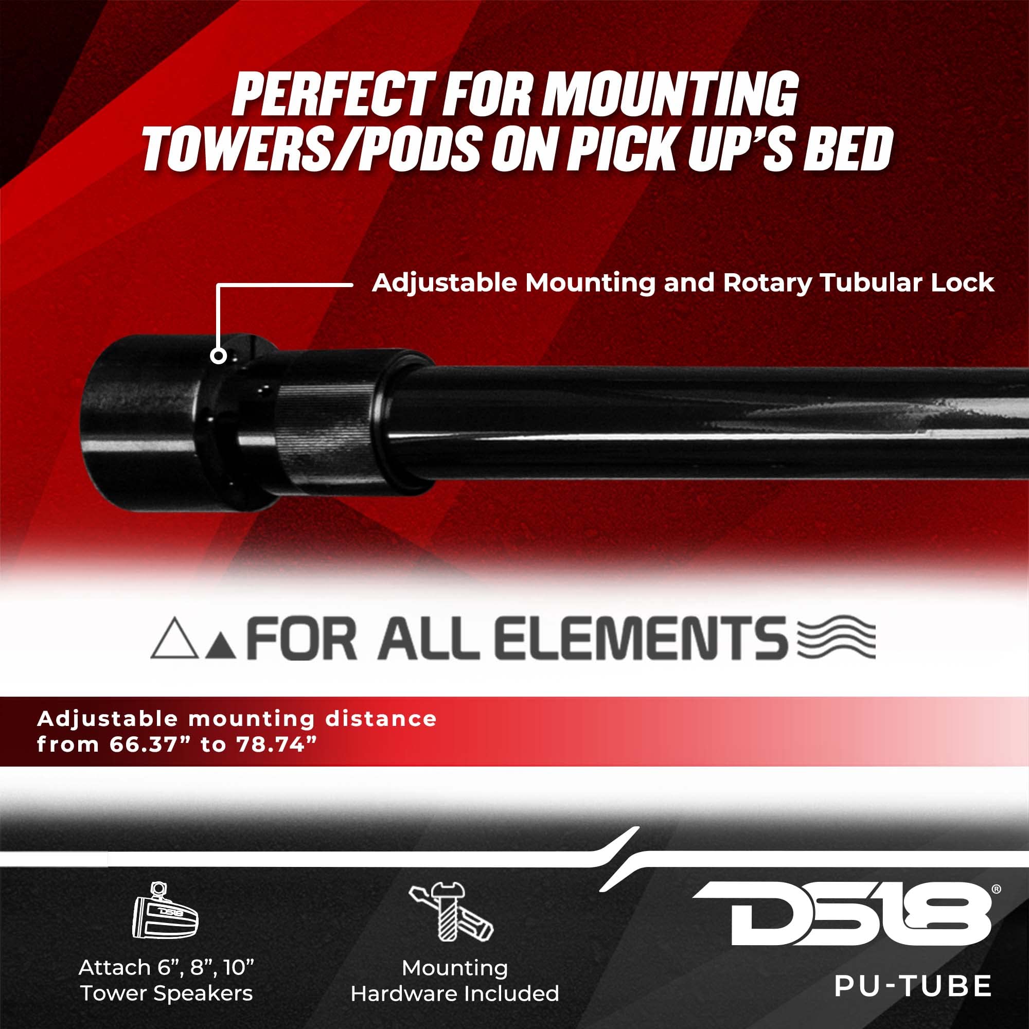 DS18 PU-Tube Black Pick Up Truck Bed Mounting Bar - Heavy Duty Aluminum Alloy Rack System for Off-Road Vehicles & Work Trucks - Perfect for Mounting Light Bars, Pods & Accessories on Ford F150, Chevy Silverado & RAM 1500 (Ideal for Camping, Hunting & Construction Sites)