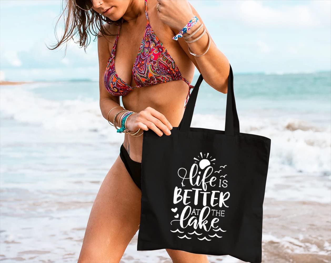 Stylish Reusable Canvas Tote Bag for Women - Eco-Friendly Grocery Shopping Shoulder Bag with 'Life Better at The Lake' Design, Perfect Gift for Girls & Best Friend | Great for Beach Trips, Farmers Market & Daily Errands