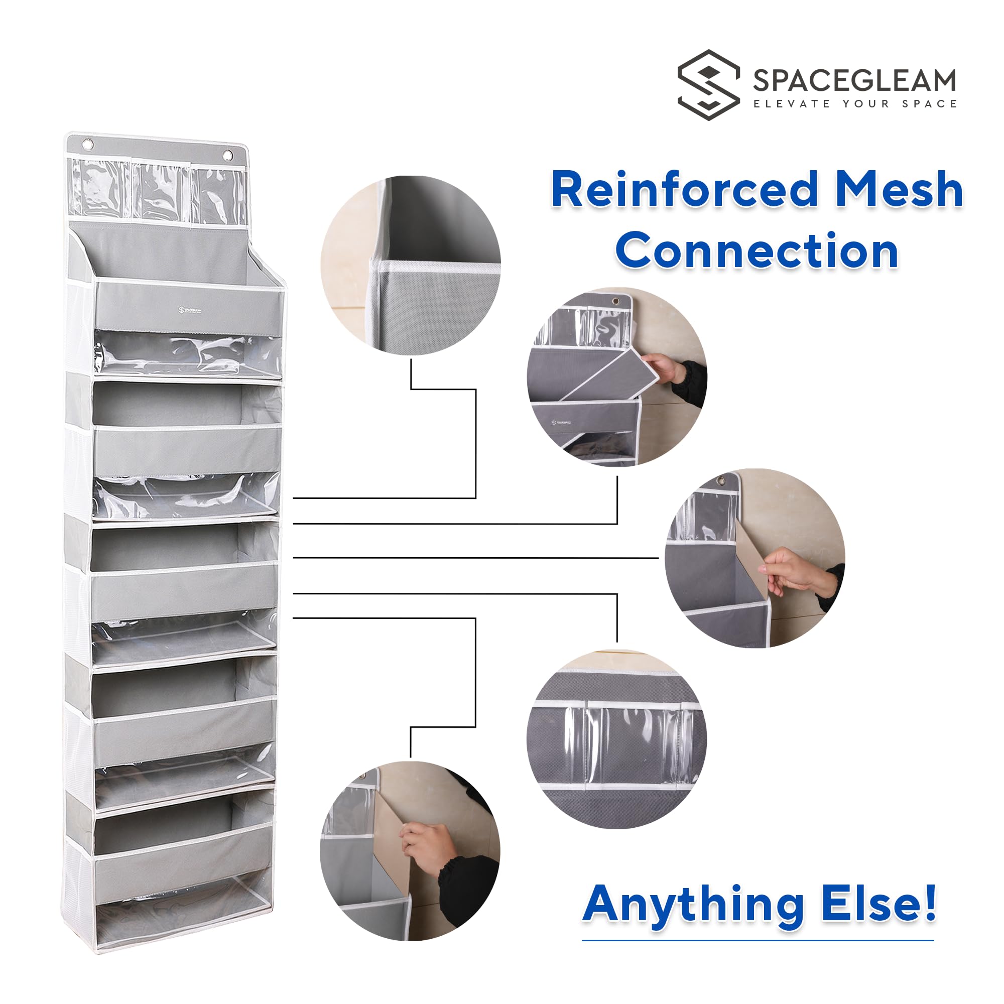 1 Pack Over Door Organizer with 5 Large Pockets & 10 Mesh Side Pockets - Hanging Storage Organizer with Clear Window for Kids Toys, Shoes, Diapers - Grey 5-Layer Space-Saving Solution for Nursery, Closet & Bathroom Organization
