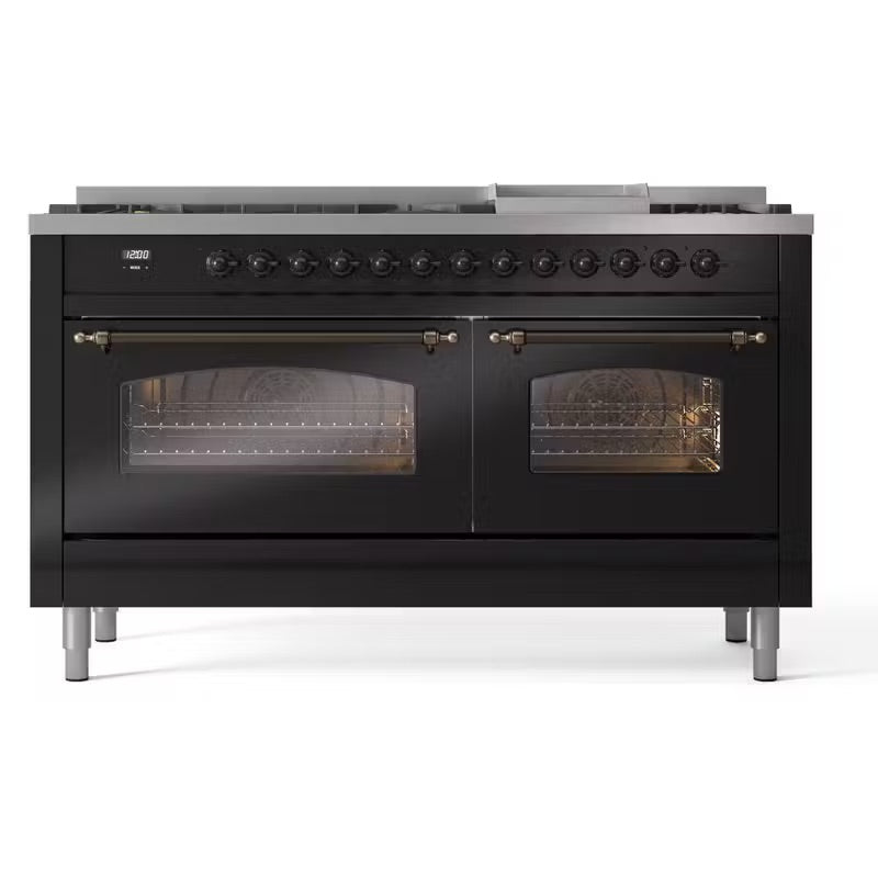 ILVE Nostalgie II 60-Inch Dual Fuel Natural Gas Range with 6 Burners - Glossy Black Finish & Bronze Trim (UP60FNMPBKB) - Perfect for Professional Home Kitchens & Gourmet Cooking