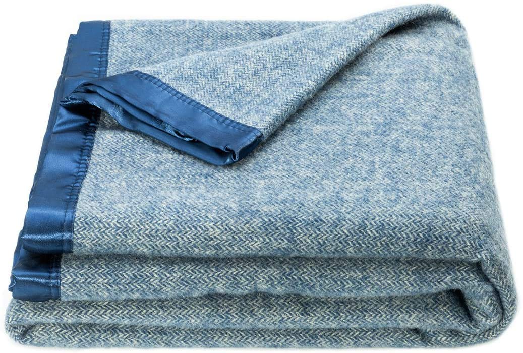 Premium Spencer & Whitney Herringbone Wool Throw Blanket - Soft Blue Queen Size Blanket for Sofa, Bed & Couch - Cozy Winter Home Decor