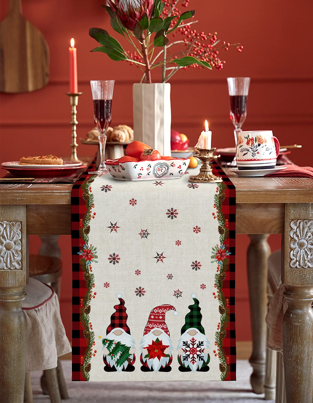 108 Inch Christmas Table Runner - Red and Black Buffalo Plaid Holiday Decor for Kitchen, Dining & Living Room | Perfect for Party, Home & Coffee Table Decoration | 13x108 Inch Festive Gnome Design