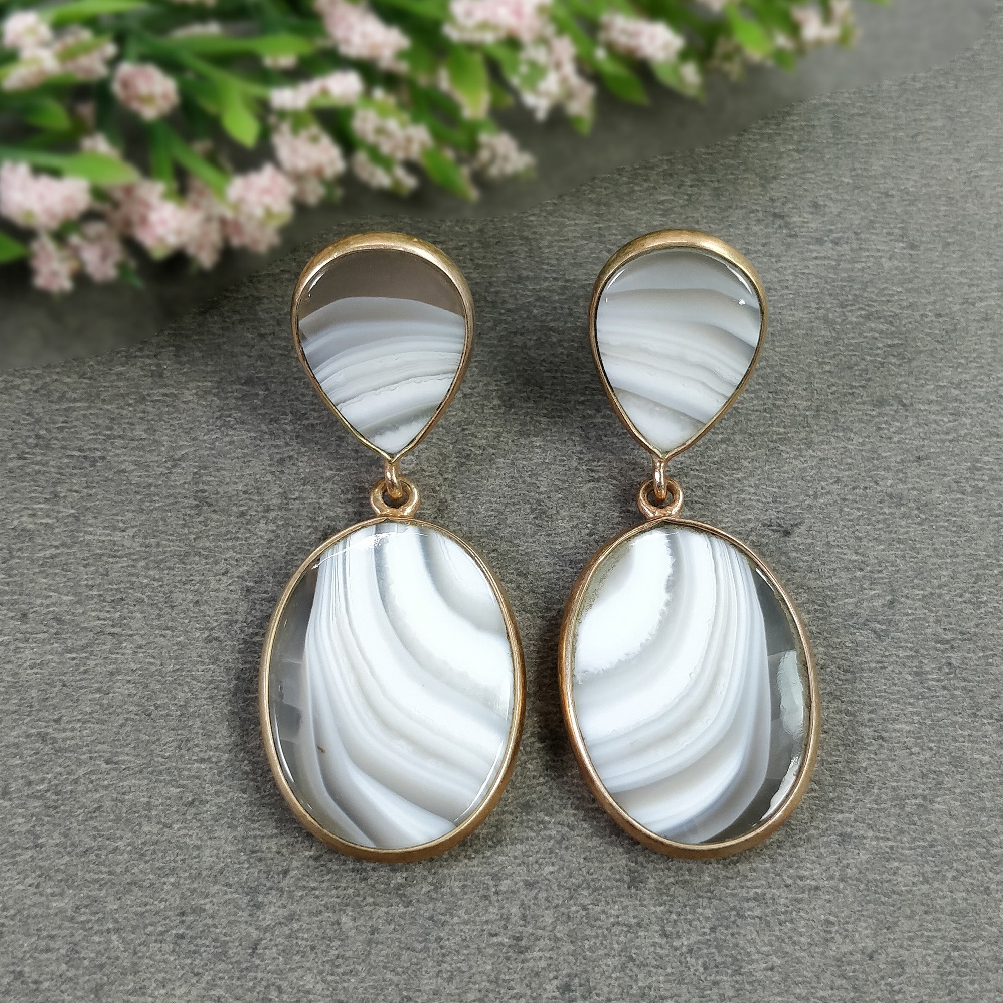 Botswana Agate Gemstone Earrings - 14.32g Natural 925 Sterling Silver Rose Gold Plated Oval Bezel Set Push Back Earrings for Women | Perfect for Weddings, Parties & Everyday Elegance