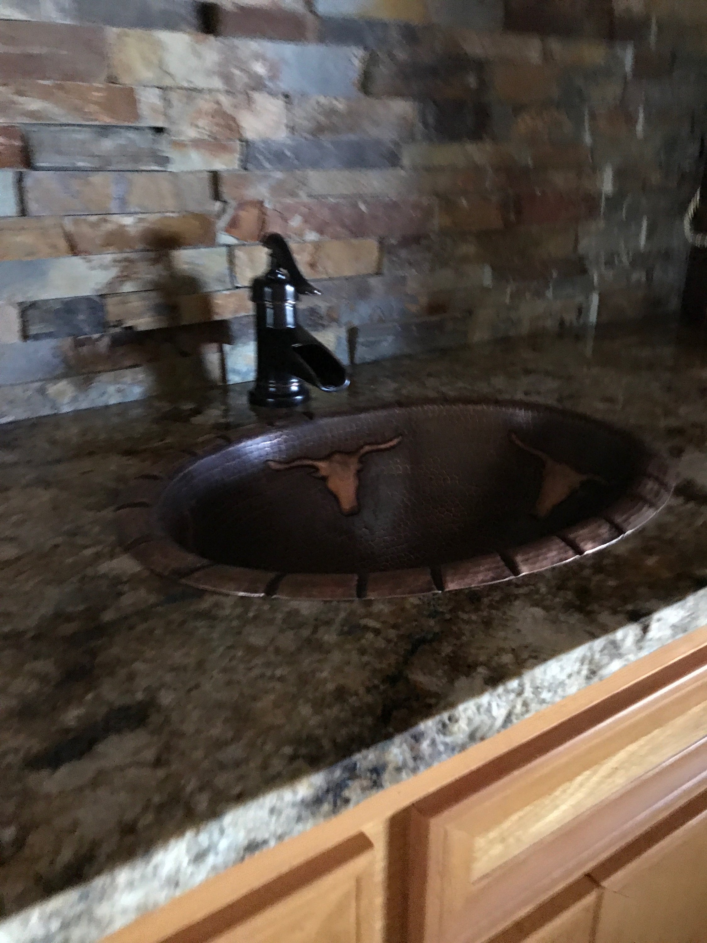 Handmade Oval Copper Sink with Longhorn Bull Design - Rustic Farmhouse Kitchen Decor for Bathroom & Bar Sink