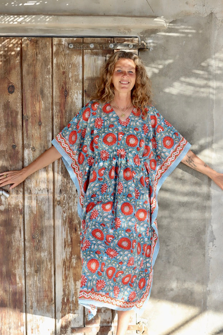 Sun Cotton Kaftan Dress for Women - Lightweight Blue Summer Beach Cover Up | Perfect for Vacation, Poolside, and Boho Fashion
