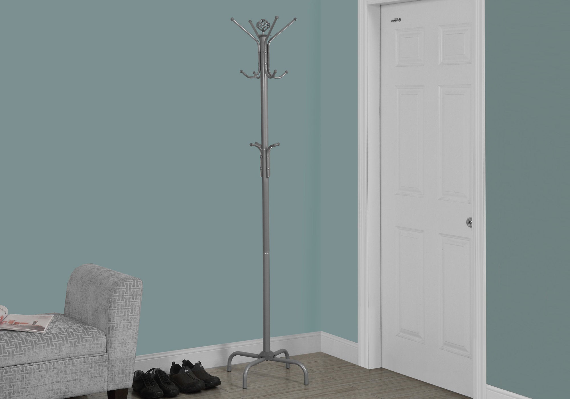 Silver Metal Coat Rack 70H - Heavy Duty Freestanding Entryway Organizer for Hats, Jackets & Bags - Perfect for Hallway, Bedroom, or Closet Storage