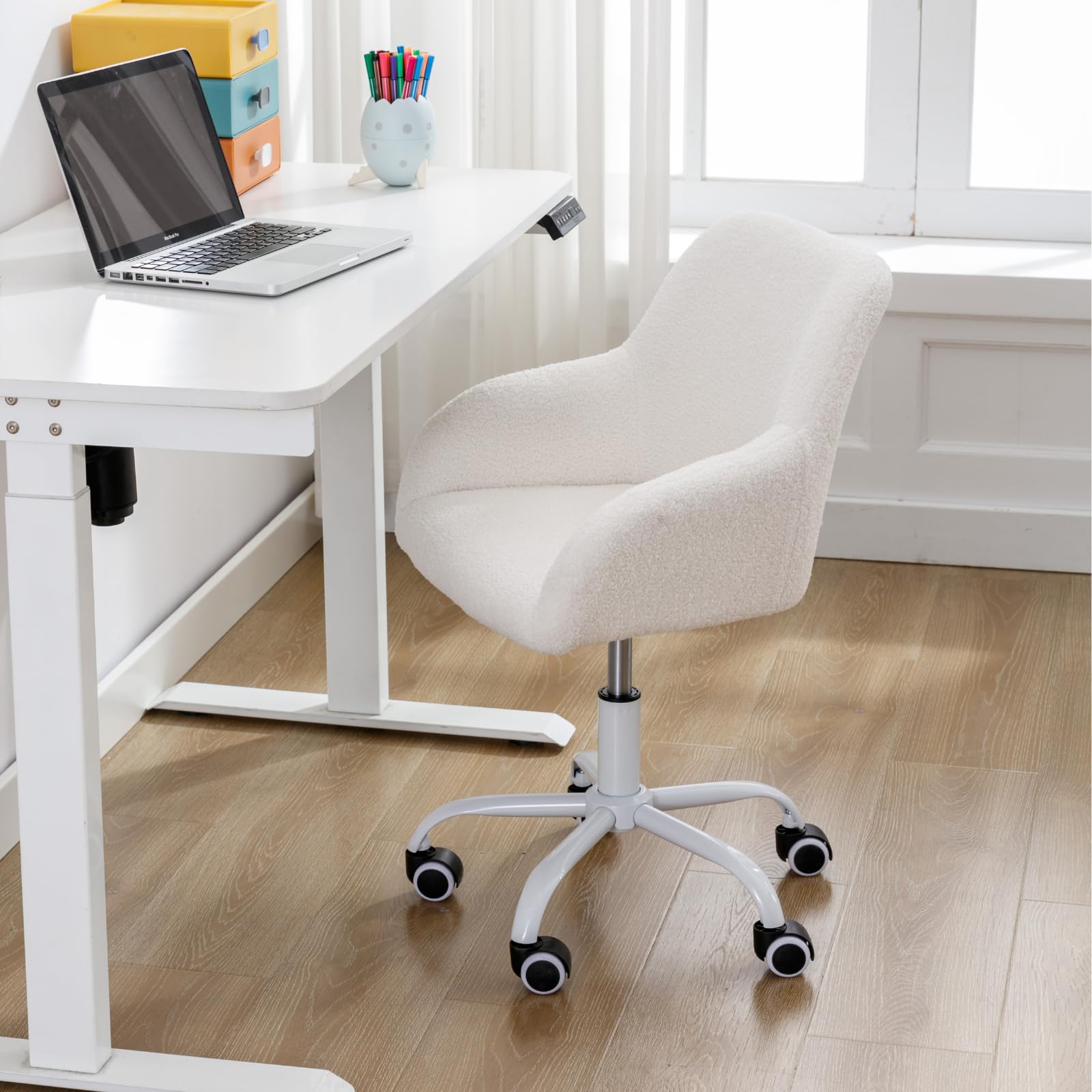 LukeAlon Adjustable Kids Desk Chair - Ergonomic Swivel Study Chair with Sherpa Upholstery & Arms for Children, Girls & Boys - Perfect for Reading, Homework & Computer Use - White