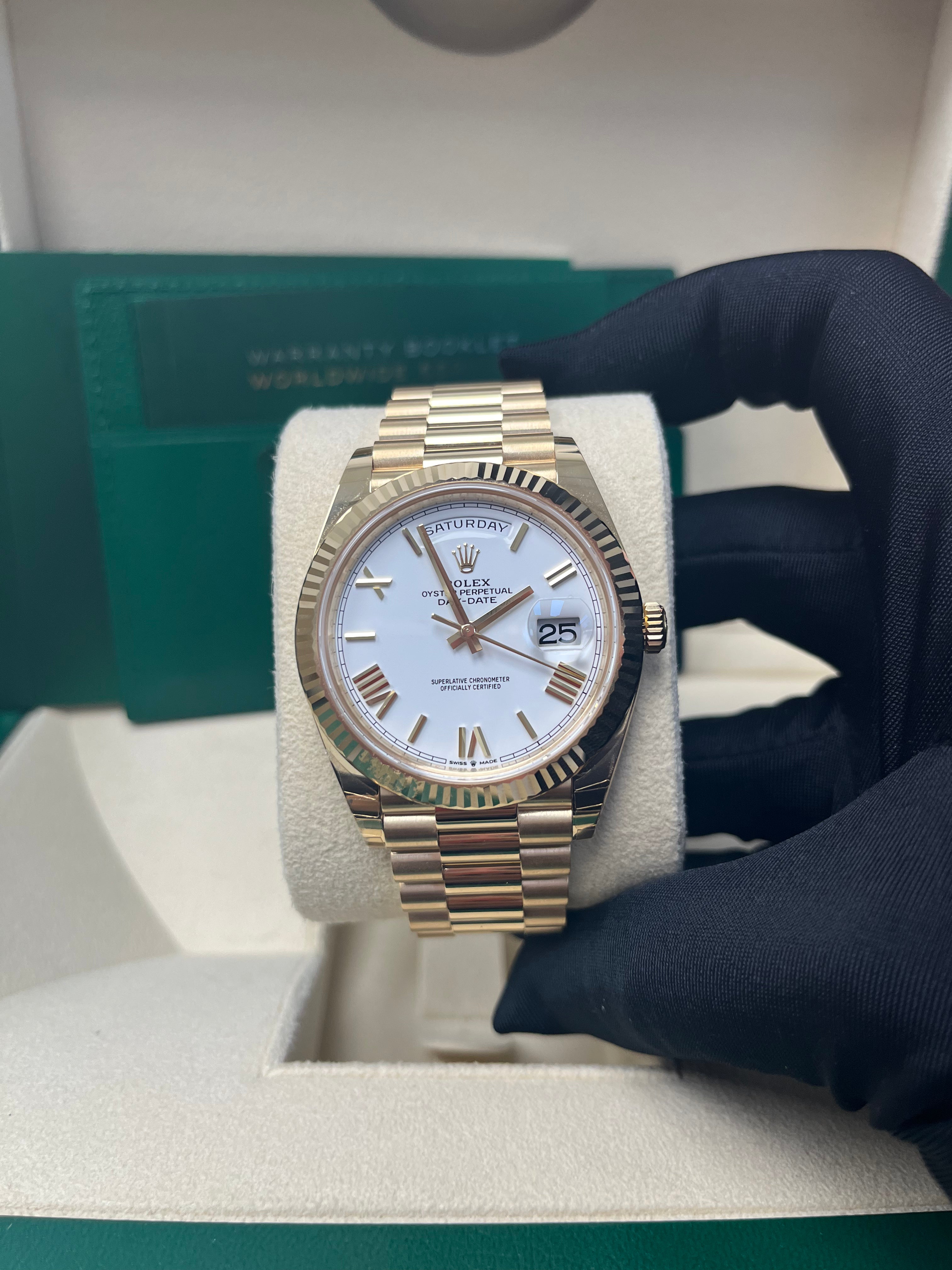 Rolex Day Date 40mm Men's Watch - 18K Yellow Gold, White Roman Dial, Fluted Bezel (Ref# 228238) | Luxury Dress Watch for Business & Formal Occasions