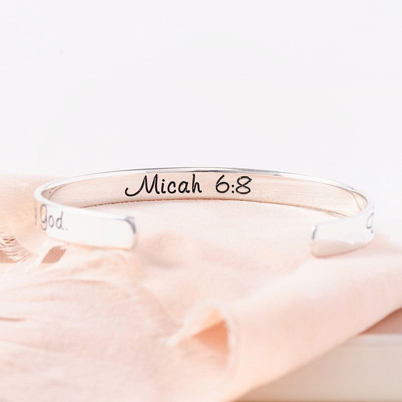 Micah 6:8 Sterling Silver Engraved Scripture Verse Cuff Bracelet - Inspirational Christian Jewelry Gift for Women - Perfect for Church, Bible Study & Daily Faith Encouragement