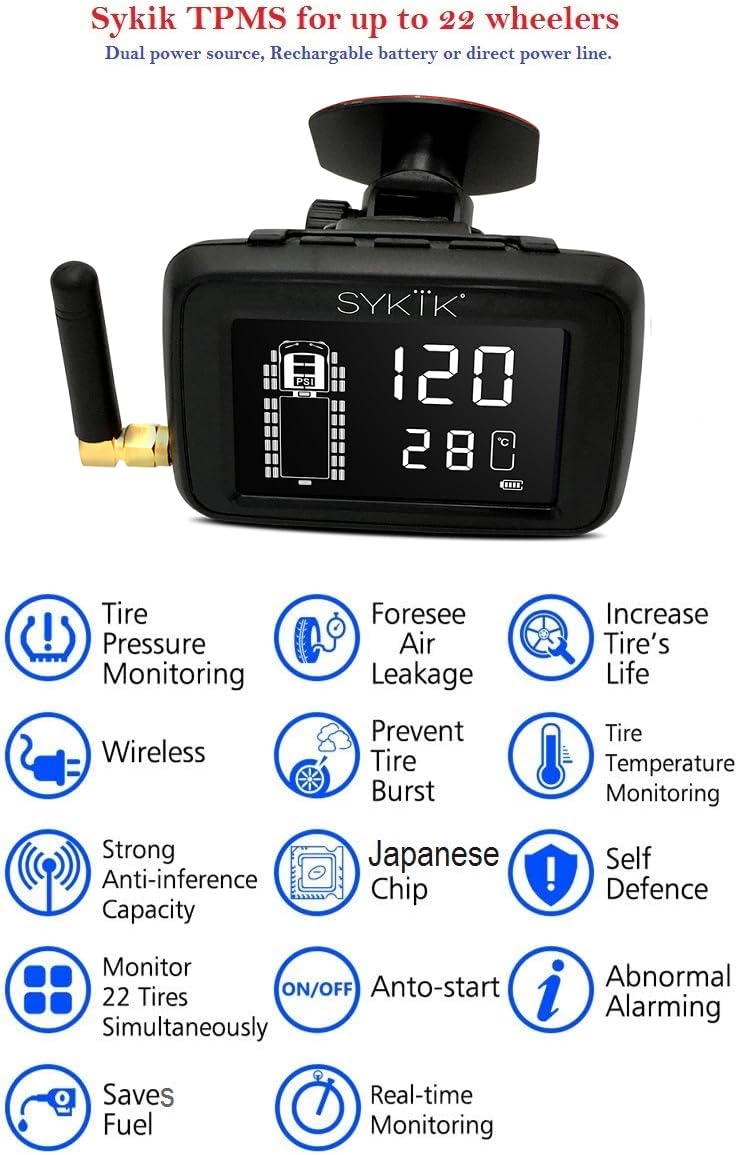 Sykik-TPMS Real Time Tire Pressure Monitoring System for Cars, RVs & Trucks - 36 Wheel Capacity with Anti-Theft Sensors & 3-Year US Warranty (12 Pack) - Perfect for Fleet Management & Long Road Trips
