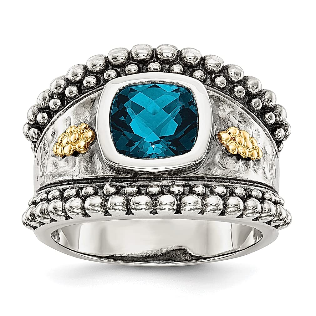 925 Sterling Silver 14k Gold Vintage Checkerboard Cushion London Blue Topaz Ring - Elegant Gemstone Jewelry for Women, Perfect Gift for Her - Ideal for Weddings, Anniversaries & Special Occasions