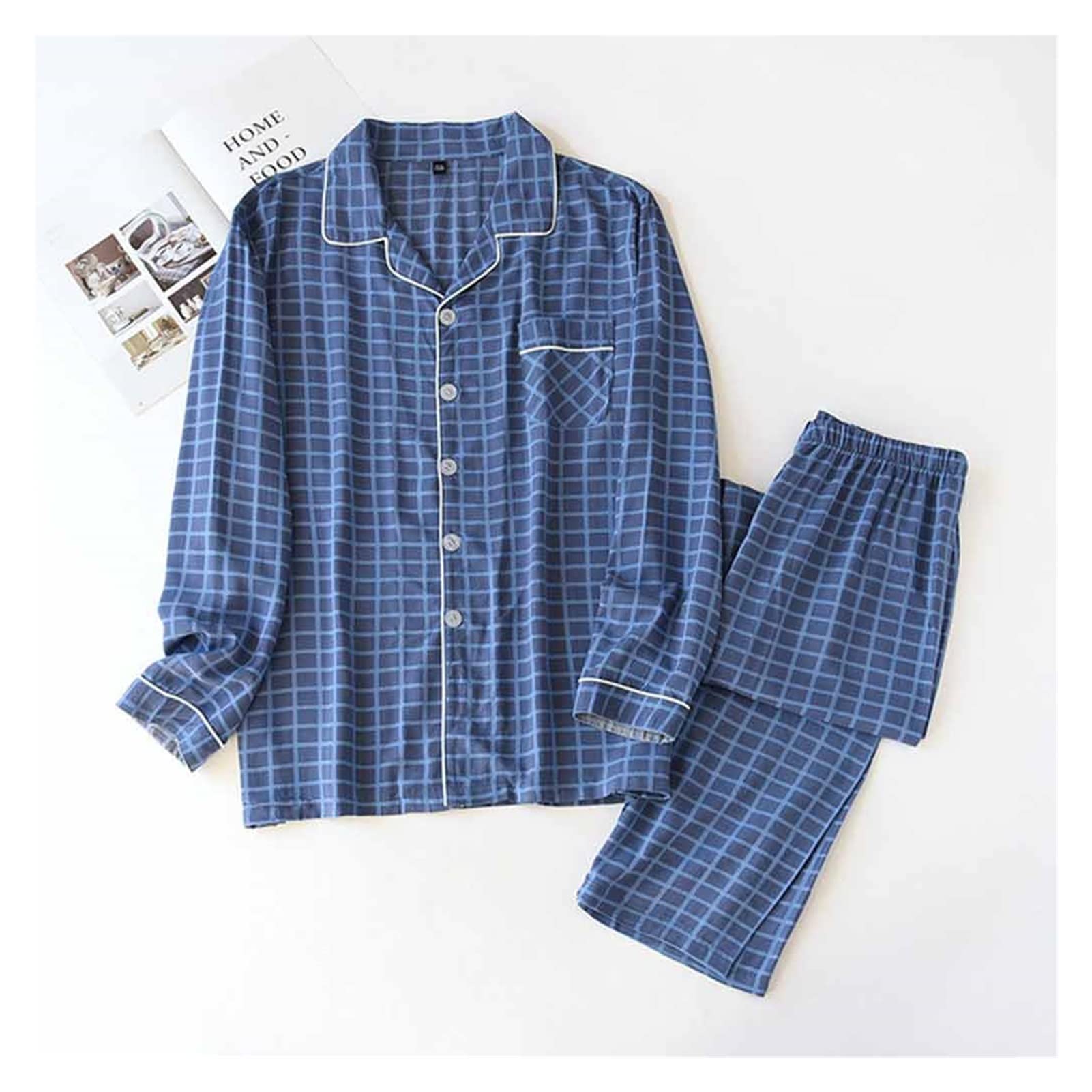 GRETD Men's Cotton Checkered Pajama Set - Long Sleeve Button-Up Shirt & Lounge Pants for Spring & Fall - Comfortable Sleepwear & Loungewear (Medium, Color A) - Perfect for Relaxing at Home, Lounging & Sleepovers