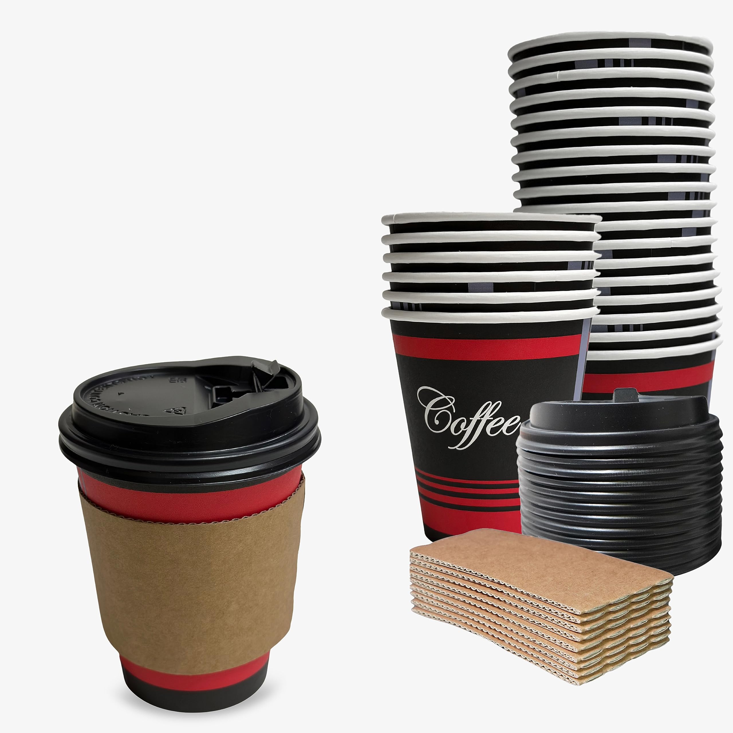 EcoQuality 100-Pack 10oz Disposable Coffee Cups with Black Dome Lids, Sleeves & Stirrers - Hot/Cold Beverage Travel Cups for Coffee, Tea, Chocolate & Latte - Perfect for Office, Parties, Cafes & On-the-Go Use