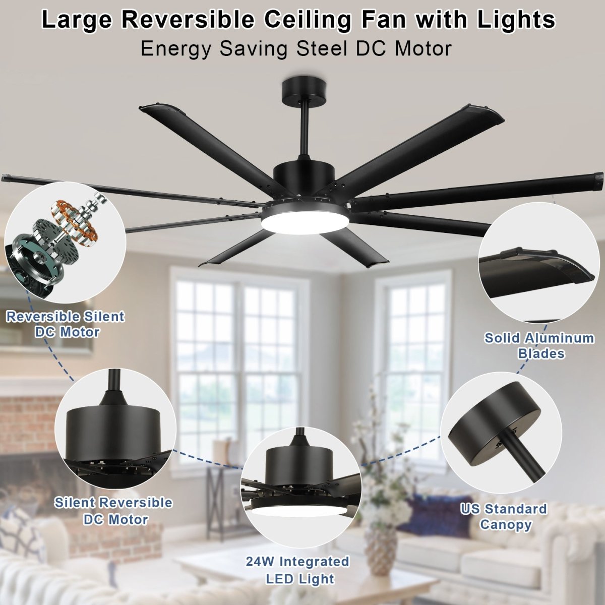 Depuley 80 Inch Modern Ceiling Fan with Lights and Remote - Large Black Quiet Reversible DC Motor, 8 Aluminum Blades - 6 Speed & 3 CCT (3000K-6000K) with Timer - Perfect for Kitchen, Living Room, Bedroom, Patio and Outdoor Spaces