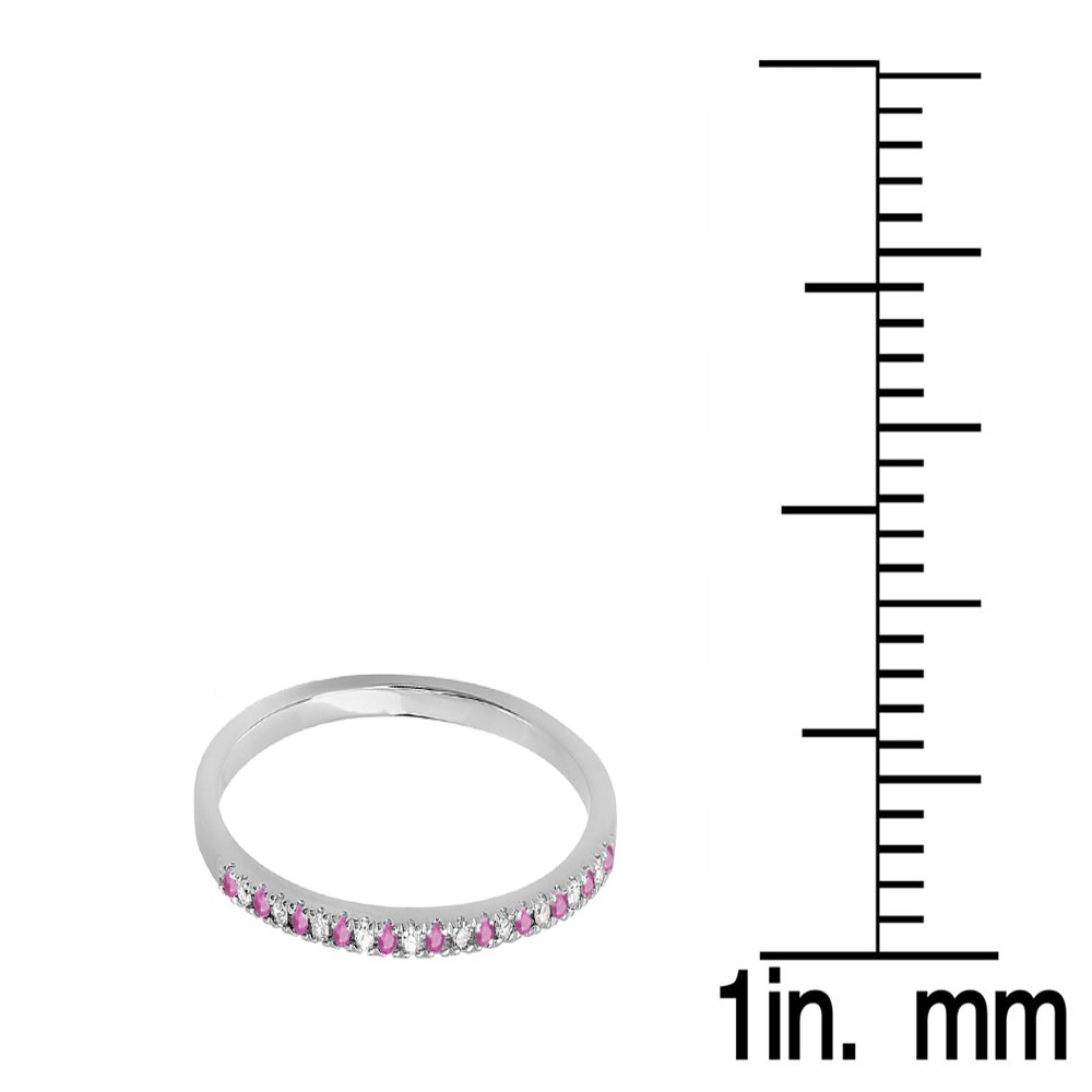 10K Solid White Gold Round Pink Sapphire & White Diamond Stackable Ring for Women - Dainty Anniversary Wedding Band, Elegant Gift for Her - Perfect for Engagements, Anniversaries & Special Occasions