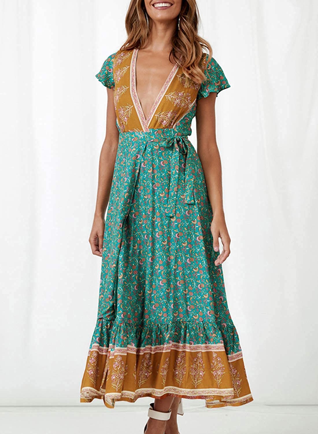 ZESICA Women's 2025 Bohemian Floral Print Wrap V-Neck Short Sleeve Split Maxi Dress for Beach Party, Summer Vacation, and Casual Outings