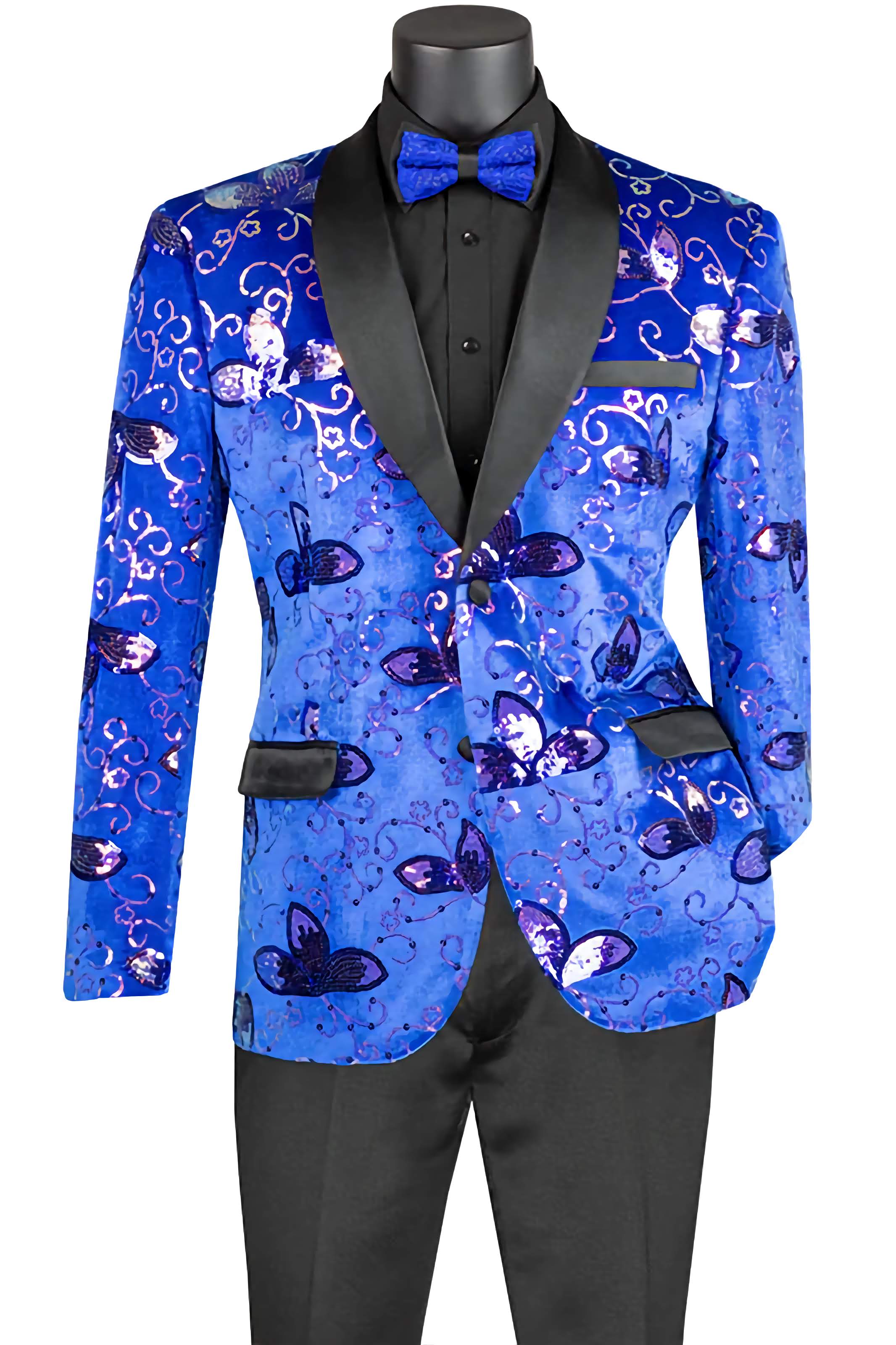 Royal Blue Slim Fit Velvet Sequin Floral Pattern Jacket for Women - Elegant Evening Party Blazer, Prom Dress Coat, Holiday Celebration Outfit