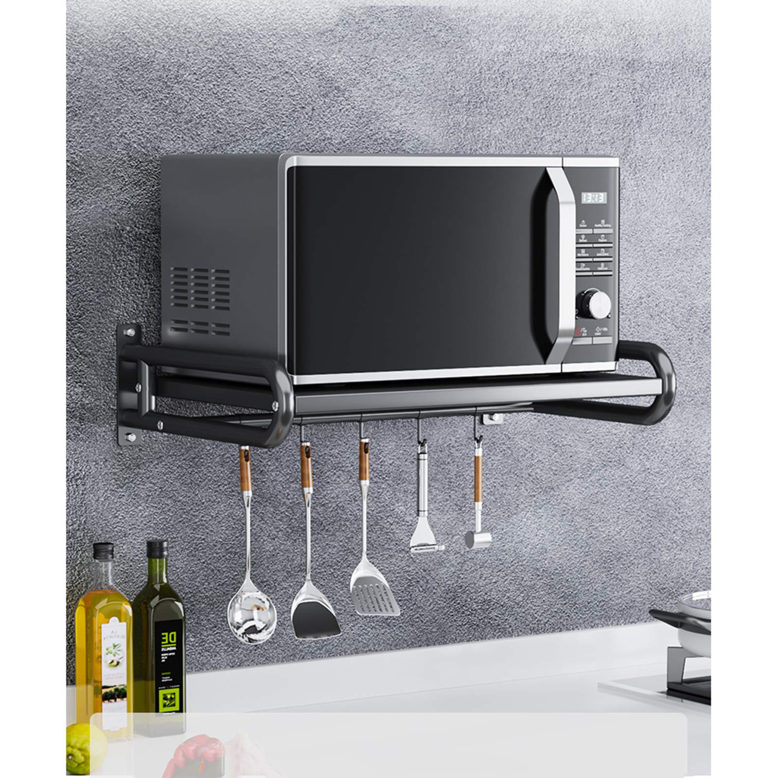 Stainless Steel Wall Mounted Microwave Shelf Organizer with 5 Hooks - Space Saving Kitchen Storage Rack for Microwave, Oven & Spices (Size B) - Perfect for Small Apartments & Cluttered Countertops
