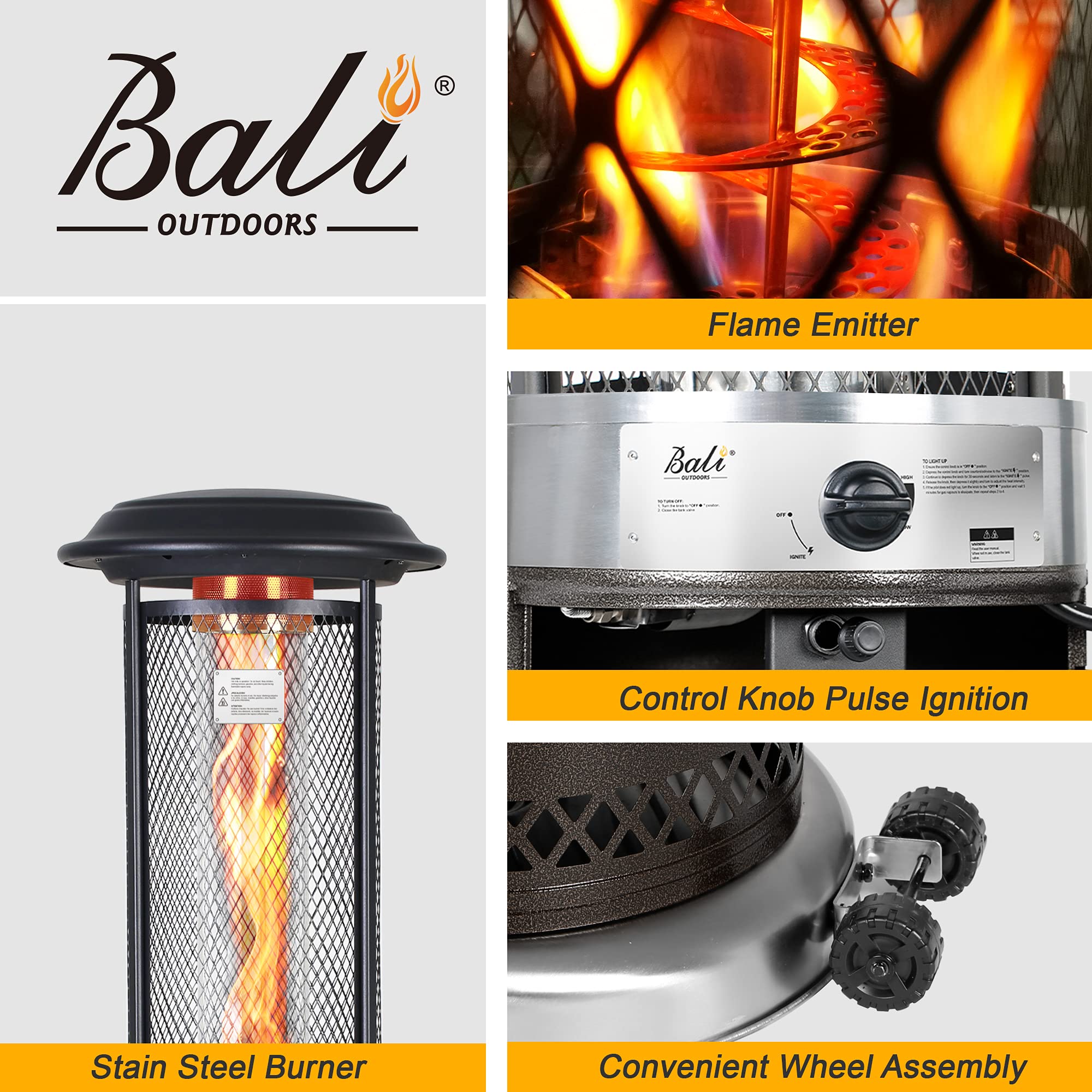 BALI OUTDOORS 36,000 BTU Stainless Steel Propane Patio Heater with Glass Tube - Portable Commercial Outdoor Gas Heater for Deck, Garden, Porch & Backyard - Perfect for Winter Evenings & Outdoor Dining