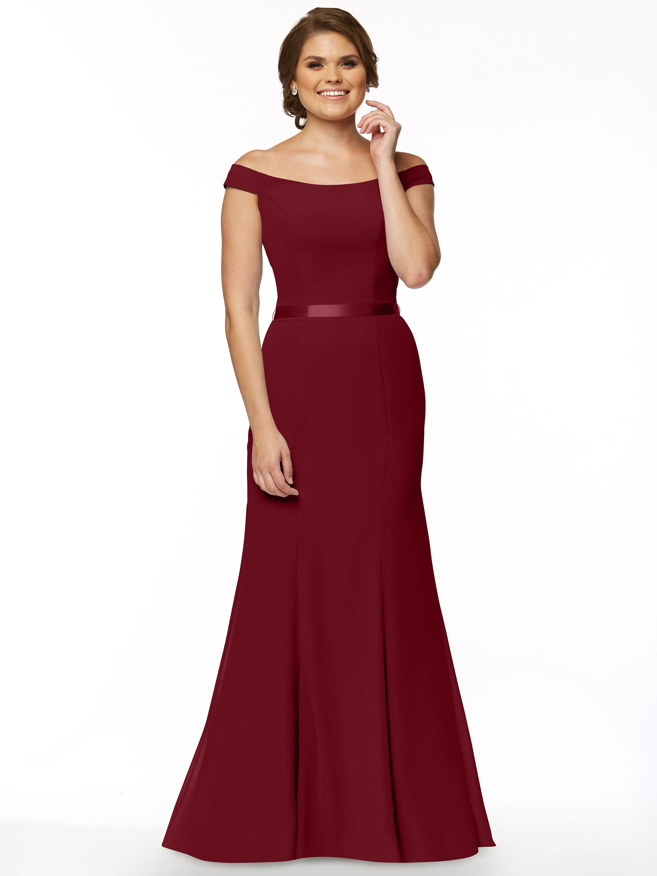 Elegant Off-the-Shoulder Chiffon Bridesmaid Dress with Ribbon Belt - Flattering Fit & Flare Design for Weddings, Parties & Special Occasions
