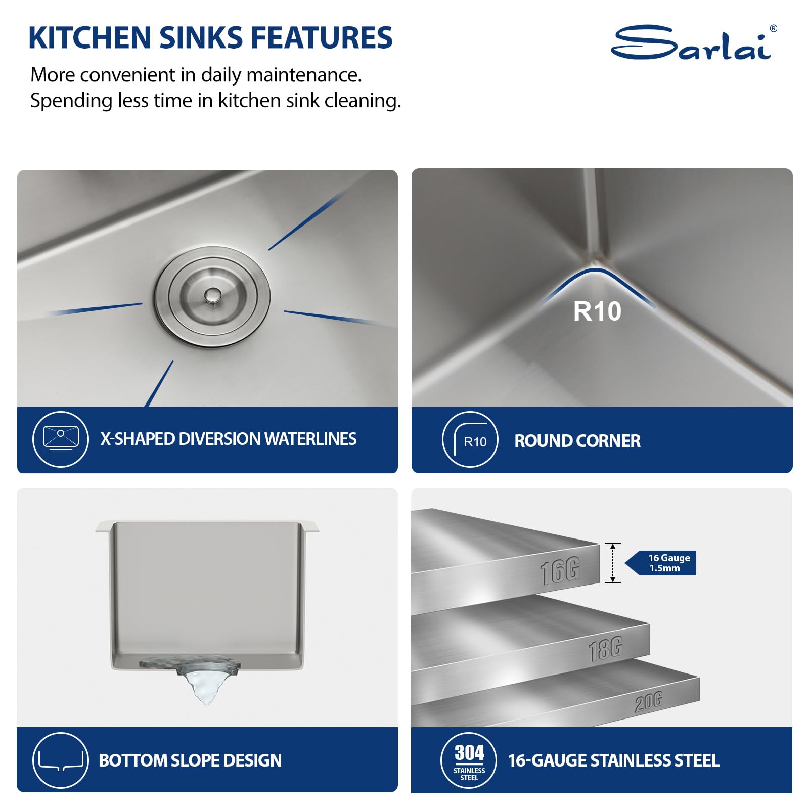 15 Inch Undermount Kitchen Sink - Sarlai 16 Gauge Stainless Steel Bar Sink, 15