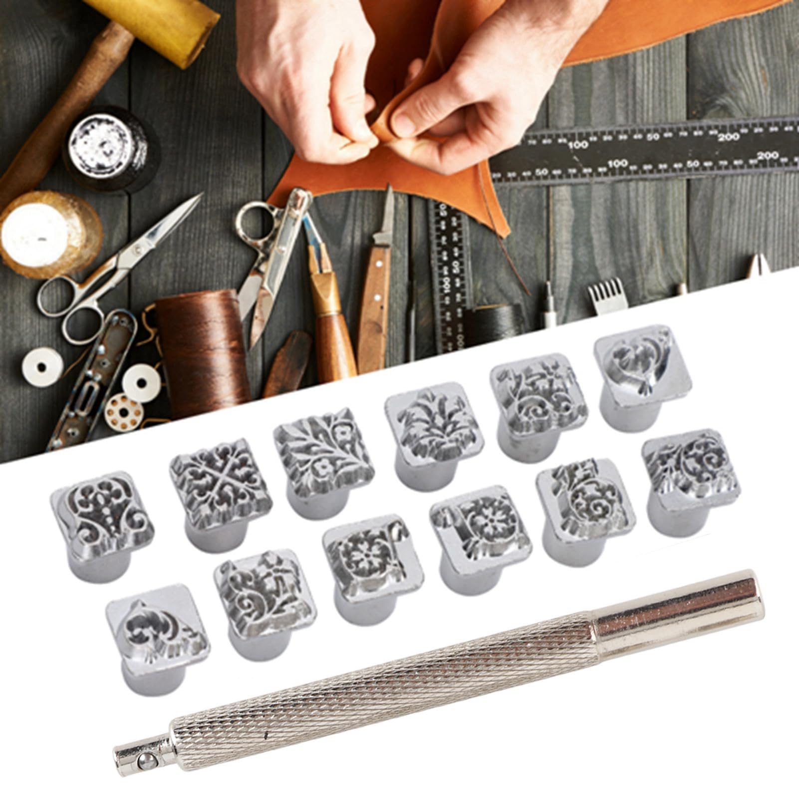 12Pcs Flower Design Leather Stamps Set - DIY Leather Craft Punch Tools with Handle for Leatherworking, Leather Embossing, and Custom Leather Printing | Perfect for Leathercraft, DIY Projects, and Personalized Gifts