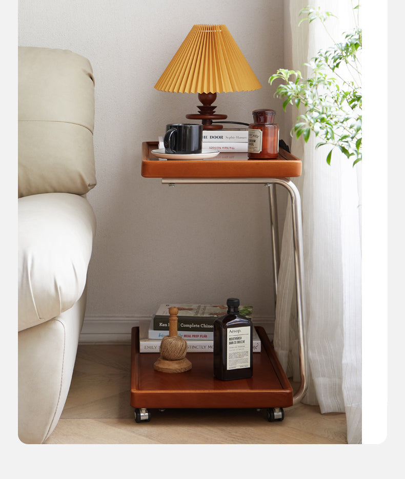 Modern Double Layer C-Shaped Mobile Side Table - Poplar Wood Nightstand for Bedroom, Living Room, Office - Portable End Table with Storage Shelf