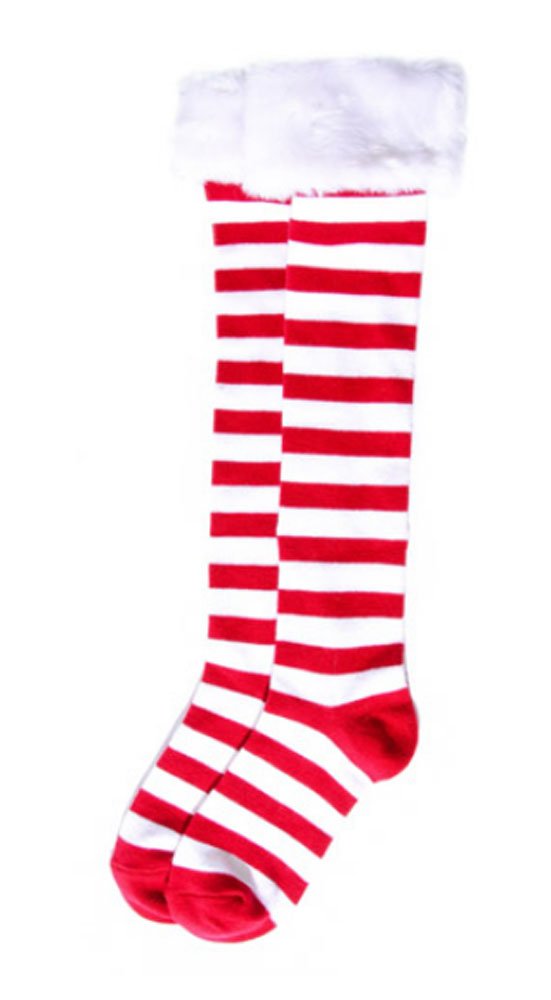 Festive Red & White Striped Christmas Socks with Cozy Faux Fur Trim - Perfect for Holiday Parties, Gifts & Winter Comfort