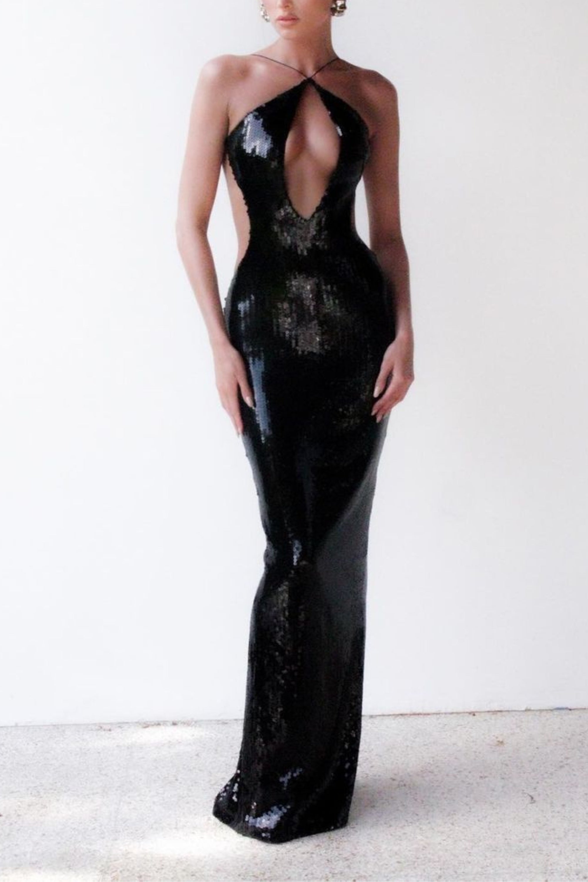 Black Glitter Cutout Maxi Dress for Women - Elegant Evening Party & Prom Gown - Perfect for Date Nights, Weddings & Special Occasions
