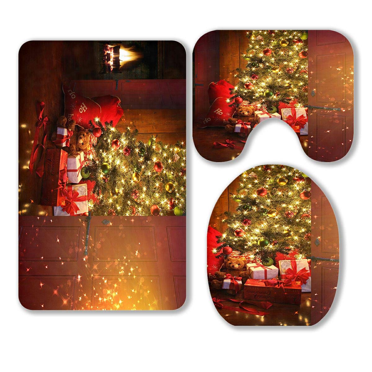 ABPHQTO 3-Piece Christmas Bathroom Rug Set - Holiday Tree, Gifts & Fireplace Design, Non-Slip Contour Mat & Toilet Lid Cover - Perfect for Festive Bathroom Decor, Holiday Home Staging & Christmas Gift Giving
