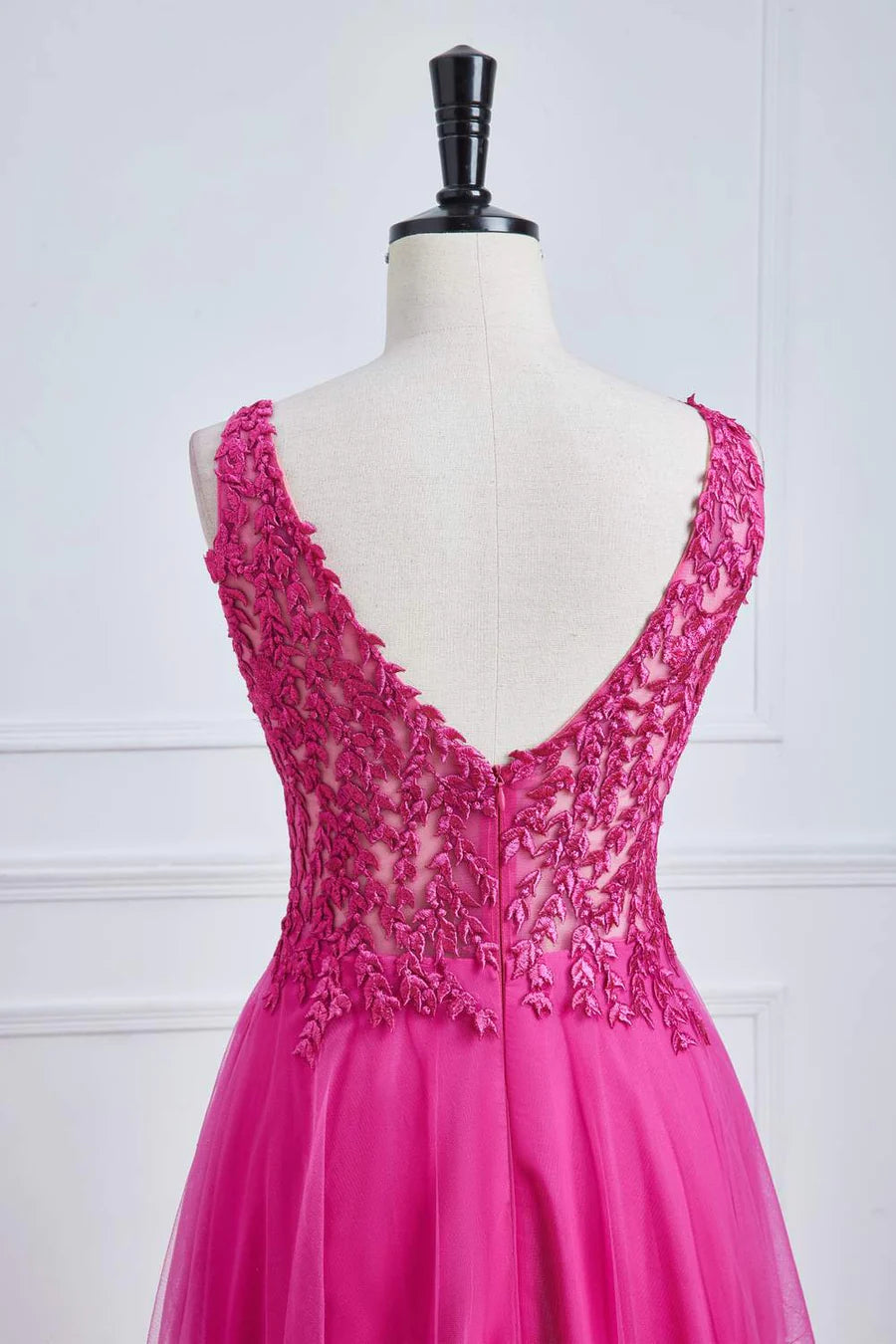Fuchsia A-Line Long Prom Dress with Plunging V-Neck & Floral Design - Elegant Evening Gown for Homecoming, Formal Dances & Special Occasions