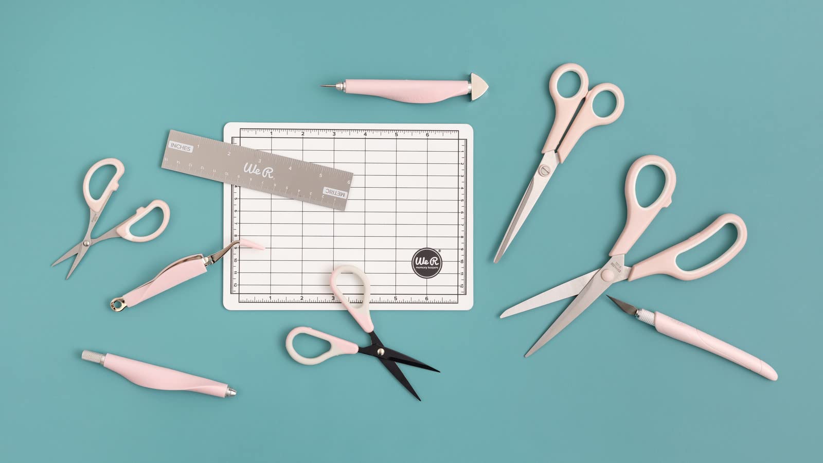 We R Memory Keepers Mini Tool Kit Pink - Includes Cutting Mat, Ruler, Scissors, Craft Knife, Tweezers, Brad Setter & Piercing Tool | Perfect for DIY Crafts, Scrapbooking, Journaling, Card Making & Home Decor Projects