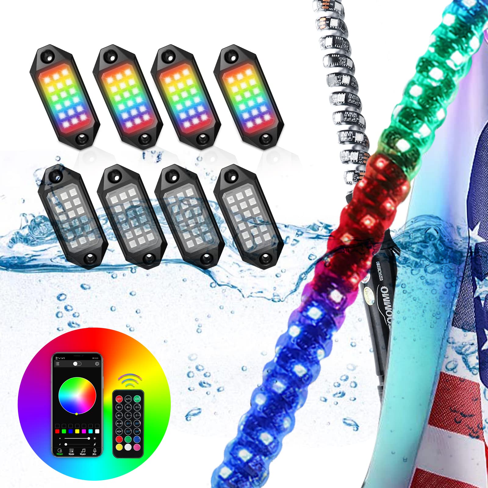AUTOOMMO RGBW 2PACK 3FT Whip Lights & 8Pods LED Rock Lights with Remote & APP Control - for UTV, ATV, Off-Road Truck, Sand Buggy, Dune RZR, Can-Am - Perfect for Night Off-Roading, Camping & Outdoor Adventures